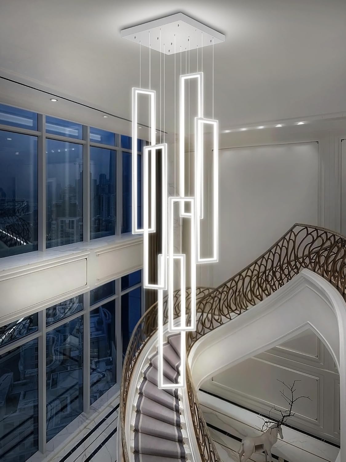 Flashing God Modern Chandelier,LED Dimmable Contemporary Chandelier for Staircase, Rectangle High Ceiling Pendant Light,H118 Chrome