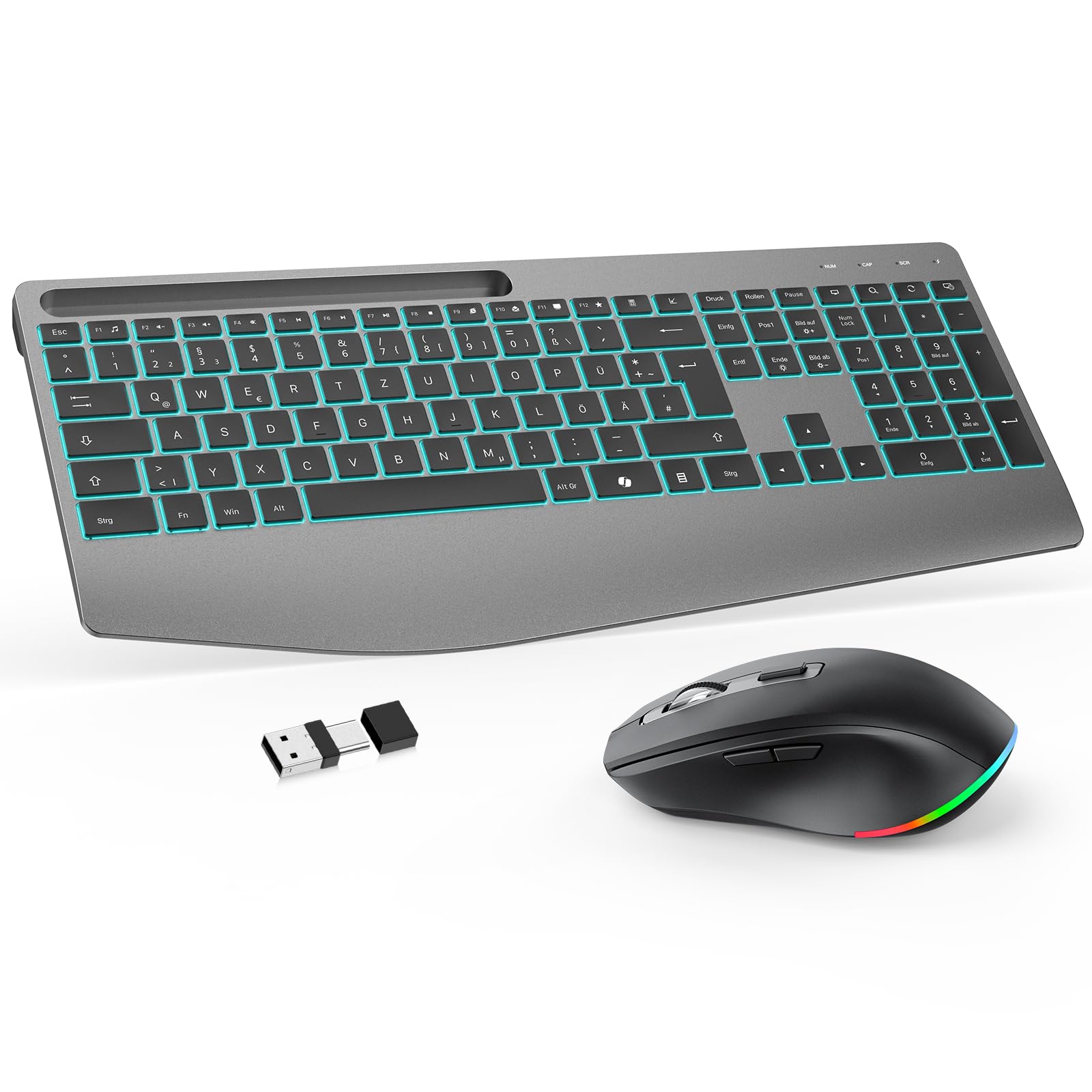 Tastatur Maus Set Kabellos 2,4GHz QWERTZ, OMOTON Beleuchtete Tastatur Leise | Handballenauflage, Ein USB Empfänger für beide Geräte, 4 DPI Maus, Wiederaufladbar, Ergonomische, Windows Linux, Home Office