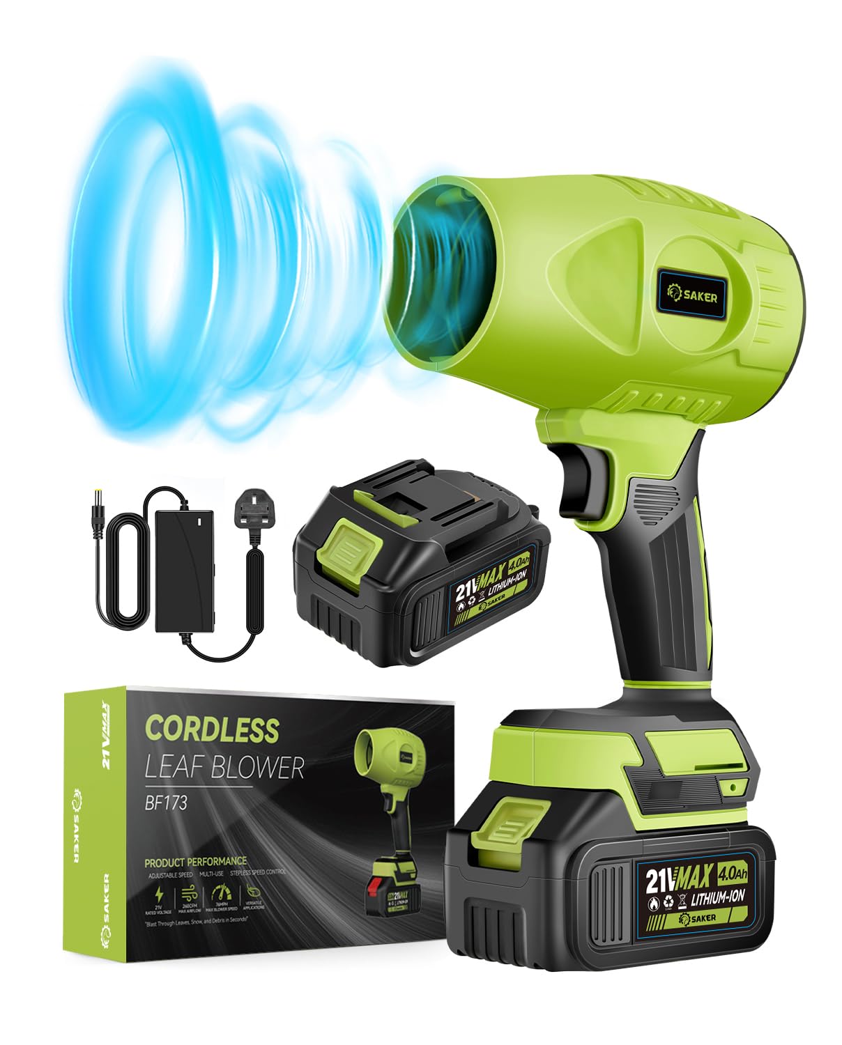Souffleur de feuilles sans fil à vitesse réglable Saker avec 2 batteries