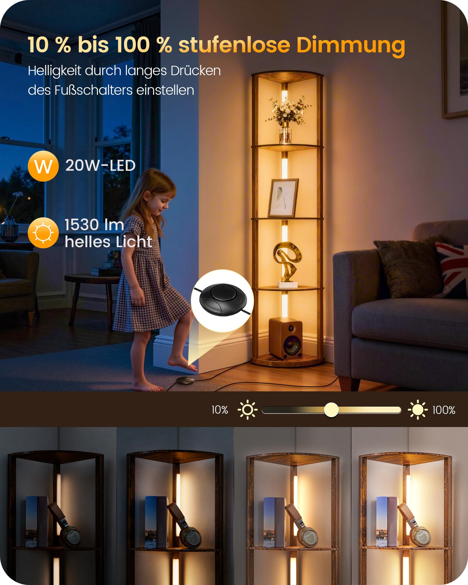 Stehlampe Wohnzimmer mit Regal, Dimmbare Stehleuchte aus Holz, Regalstehleuchte 20W-LED, Retro, 360°drehbarer Lampenständer, für Schlafzimmer, Arbeitszimmer, Büro ZF54LDD05N1
