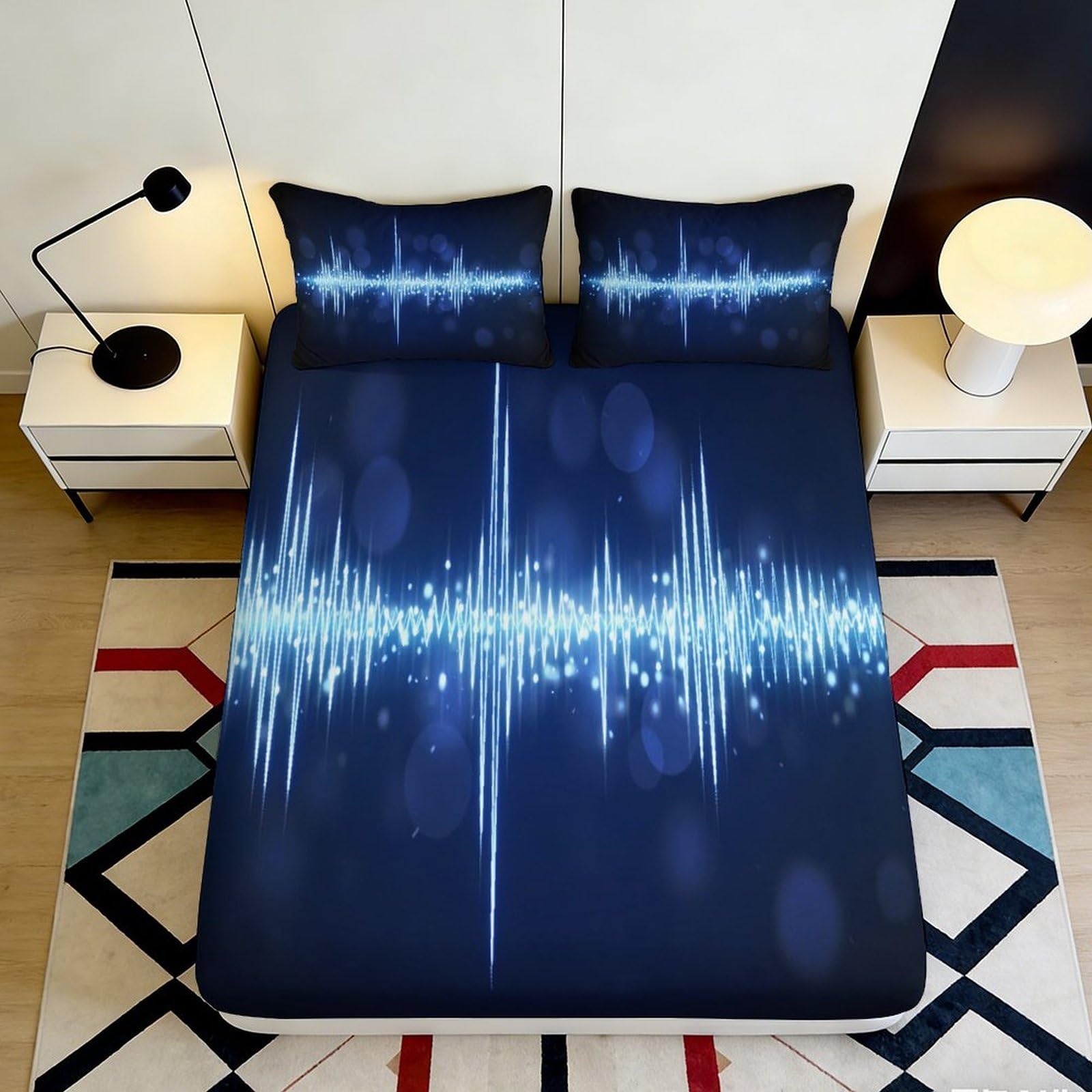 Kzqjxnhpcr Style-1 3D Printed Sound Wave Fitted Sheet Microfiber Deep Pocket Non-Slip Bedroom Bedding Soundwave Mattress Fitted Cover Washable 90X200x25cm 90X200x25cm