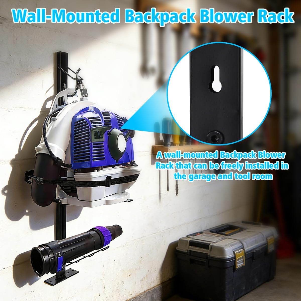 Heavy-Duty Backpack Blower Rack for Trailers, Steel Storage Tube Bracket and Straps- Height Adjustable Base Holder Compatible with Open/Enclosed Landscape Trucks, Fits 16-25 Inch Blowers