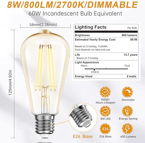 Miniatura 2 de Batklumi Bombillas LED Edison regulables 8 W, equivalente a 60 W, 2700 K, blanco cálido con 80+ CRI E26 Edison bombillas de filamento vintage
