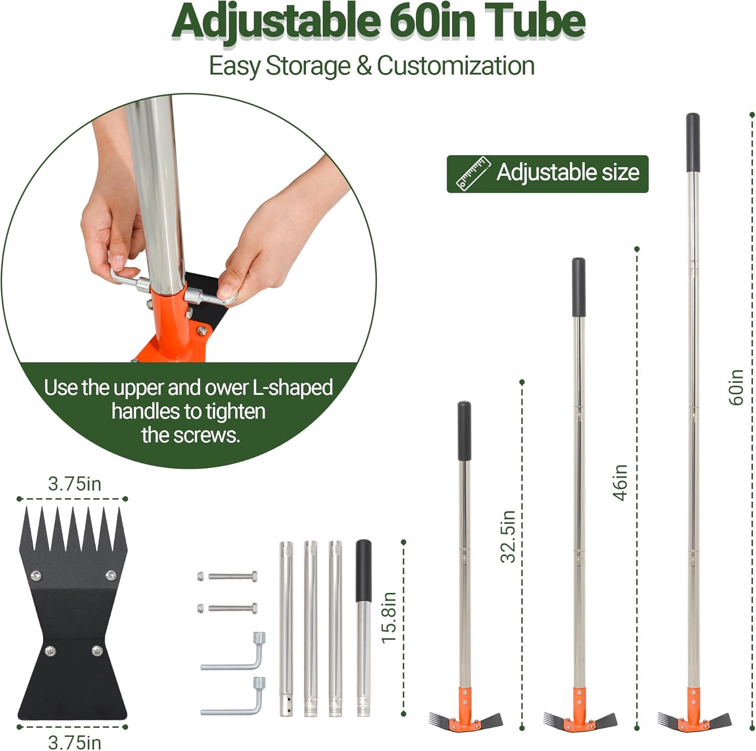 2-in-1 Garden Hoe and Weed Puller Rake, 60 Inch Adjustable Long Handle Weeding Tool Heavy Duty Spring Steel Head with Sand Grain Coating, Weed Remover for Garden, Yard, Lawn, Driveway