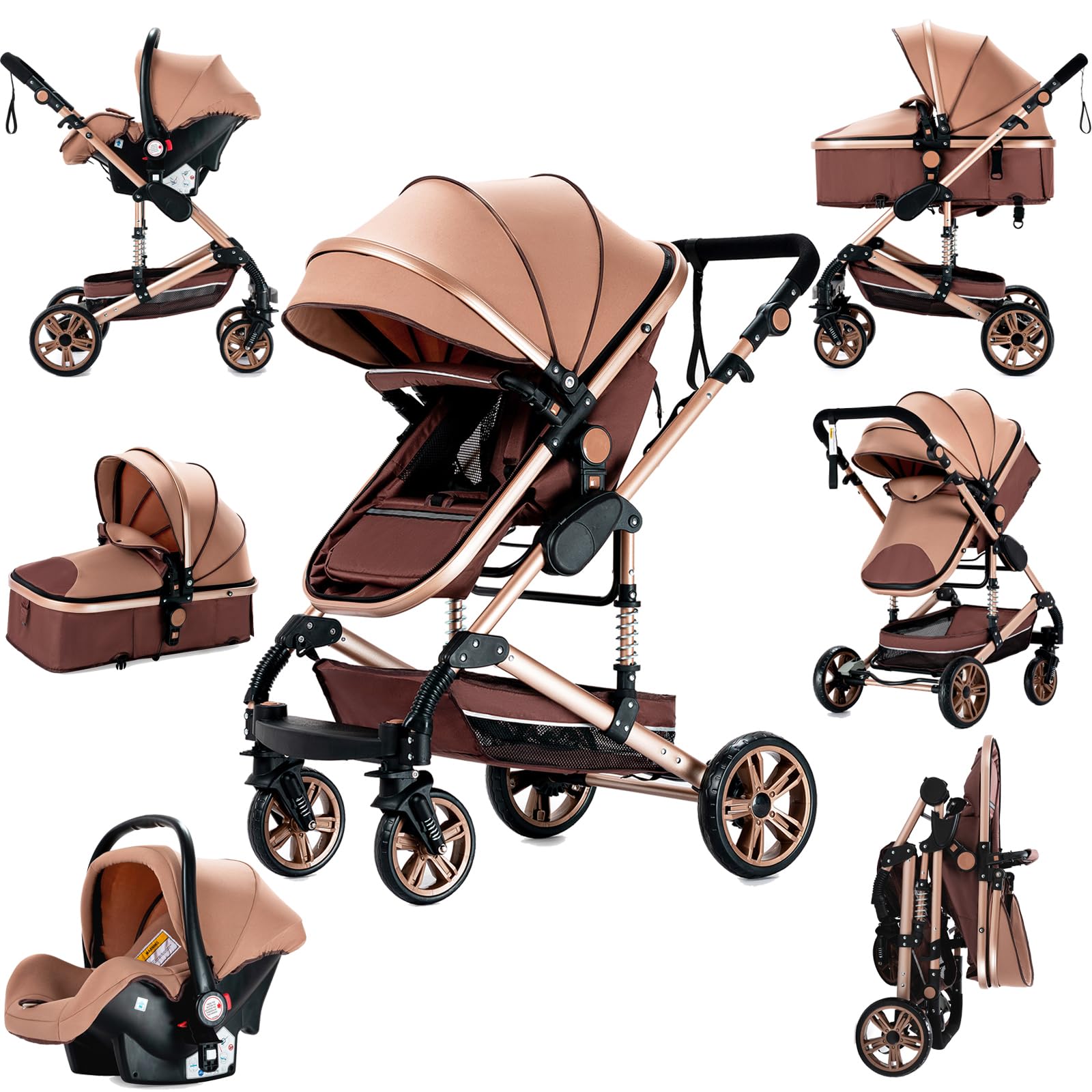Poussette 3 en 1, Poussette Bebe avec Conception Pliable en Un Clic, Poussette Combinée Réversible Deux Façons de Pousser, Poussette Citadine Alliage d'aluminium à Cadre (739 beige)