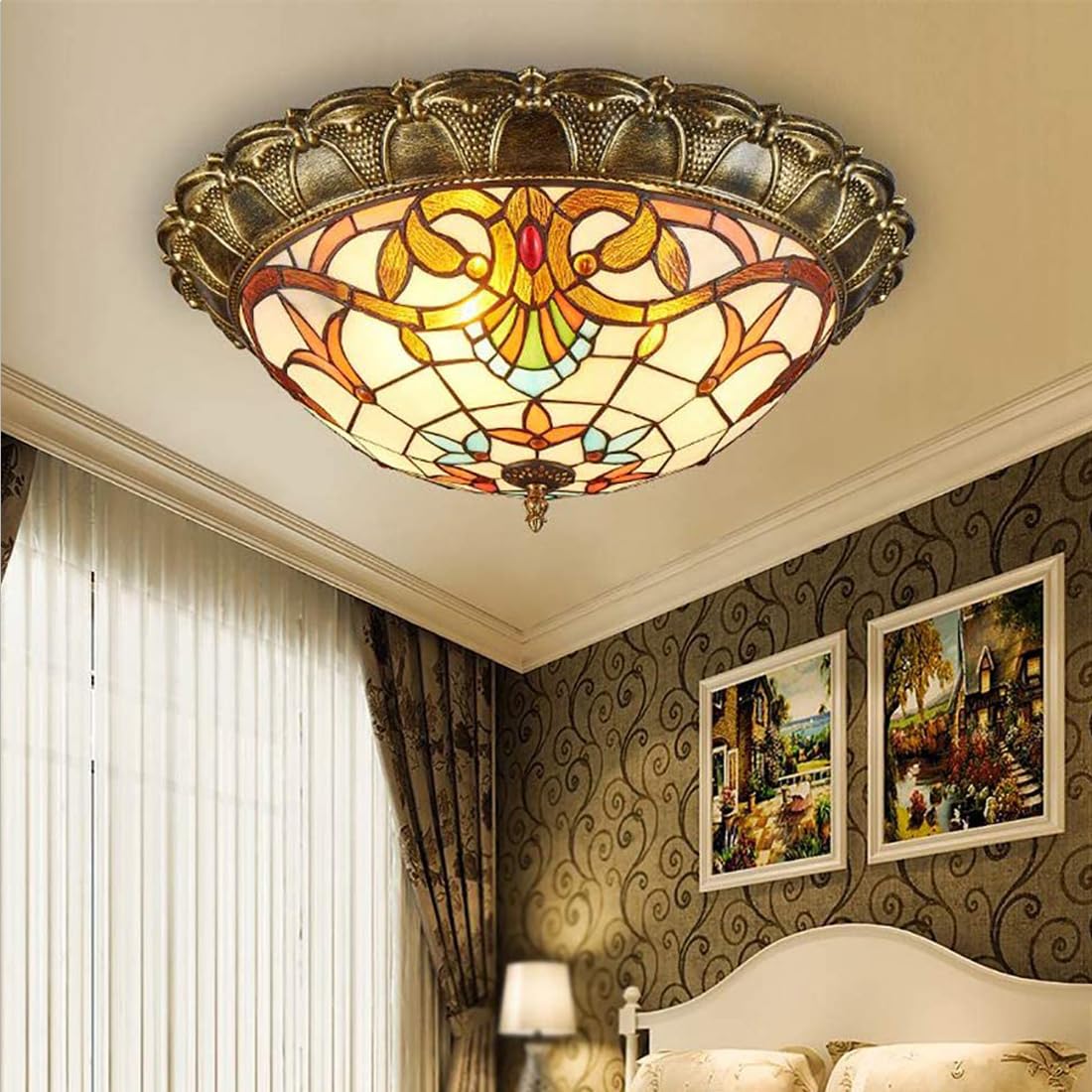 Plafones LED Tiffany antiguo techo Salón pastoral barroco lámpara de techo vendimia dormitorio regulable Mediterráneo Luz Vidriera Sombra Decorativa Oficina Comedor Cocina sala de estar Lámpara, Ø52cm