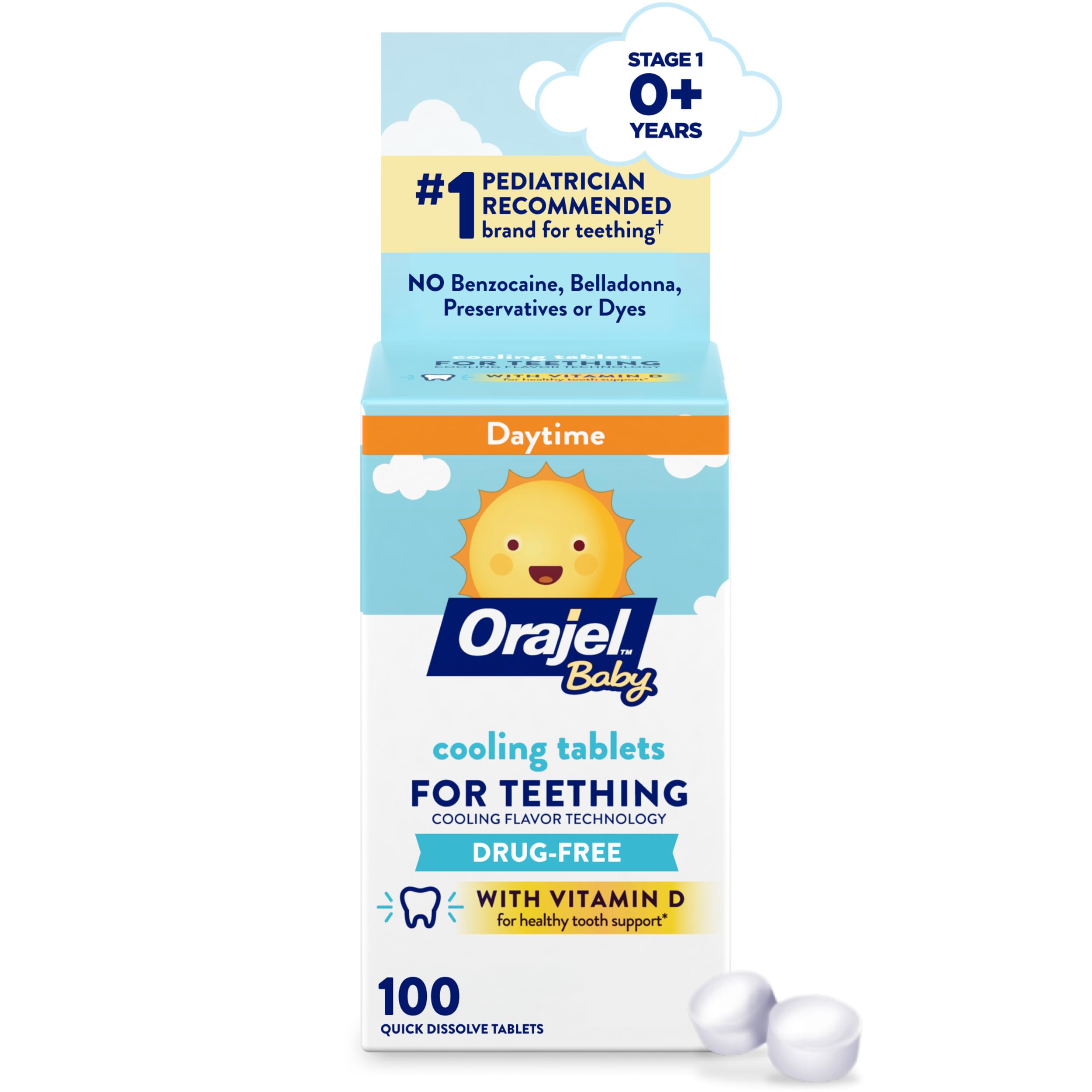 Orajel Baby Cooling Tablets for Teething with Vitamin D, 100 Quick Dissolve Tablets,White
