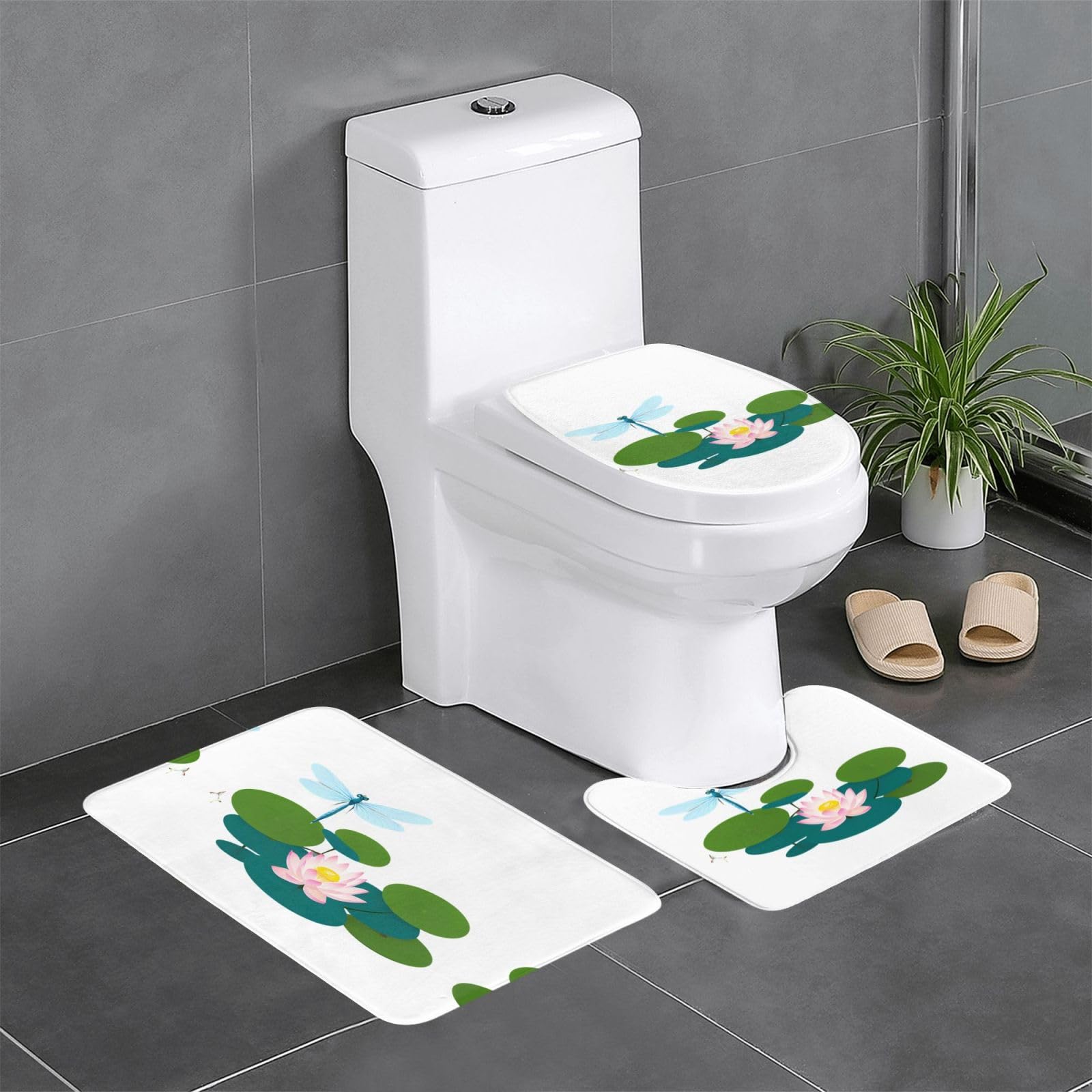 Tapis de sol de salle de bain lot de 3 format rectangle et ovale 61x40cm motif lotus WHJSSF