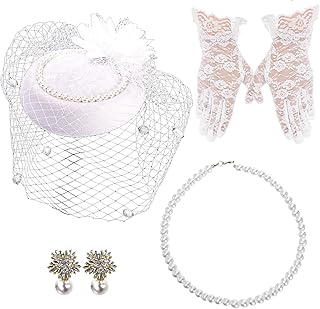 4 Pieces White Tea Party Hat Accessories for Women, Elegant Fascinator Wedding Hat for Girls, 20s 50s Pillbox Funeral Hats with Veil, Short Lace Floral Gloves, Pearl Earring and Necklace