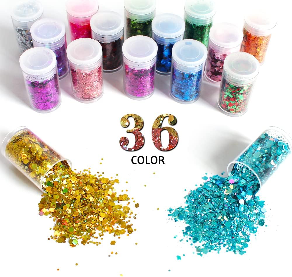 Holographic Chunky Glitter, Set of 36 Colors Craft Glitter Sparkle Sequins, Cosmetic Glitter Flake for Epoxy Resin, Body, Face, Eye, Nail Arts, Slime Making, Wedding Festival Party Decoration : Arts, Crafts & Sewing