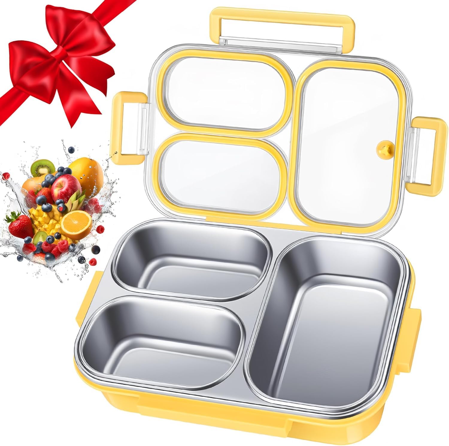 BOYUNSHI Bento Box Lunch Boxes, Stainless Steel Lunch Box with 3 Compartments Lunchbox Snack Boxes for Kids Adults, Leak-Proof Bento Box for School, Office & Outdoor, Microwave Dishwasher Safe, 27oz