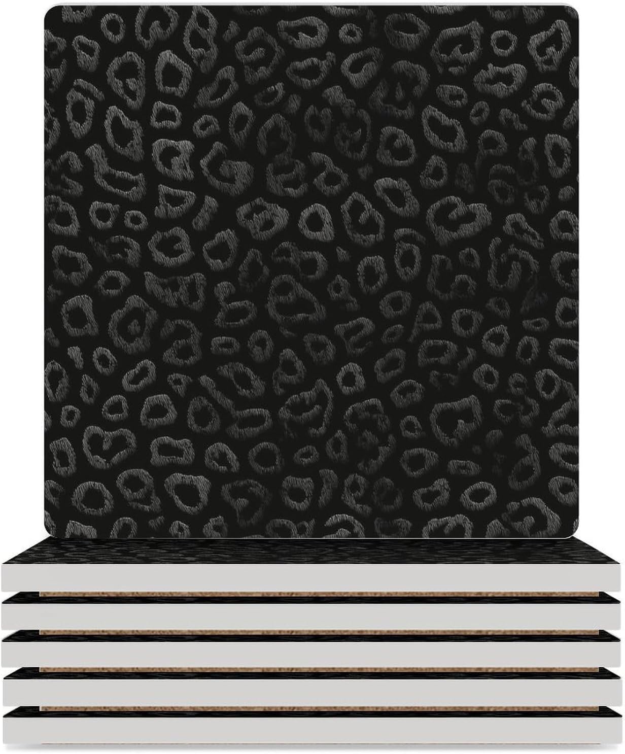 Leopard Print Coaster for Drinks Square Ceramic Table Coasters Stone Mat Crafts 6PCS Home Kitchen Decor