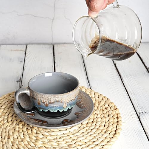 Miniatura 5 de Bosmarlin Juego de 2 tazas y platillo de cerámica para capuchino, 10 onzas, aptos para lavavajillas y microondas, tazas de café para café con leche,