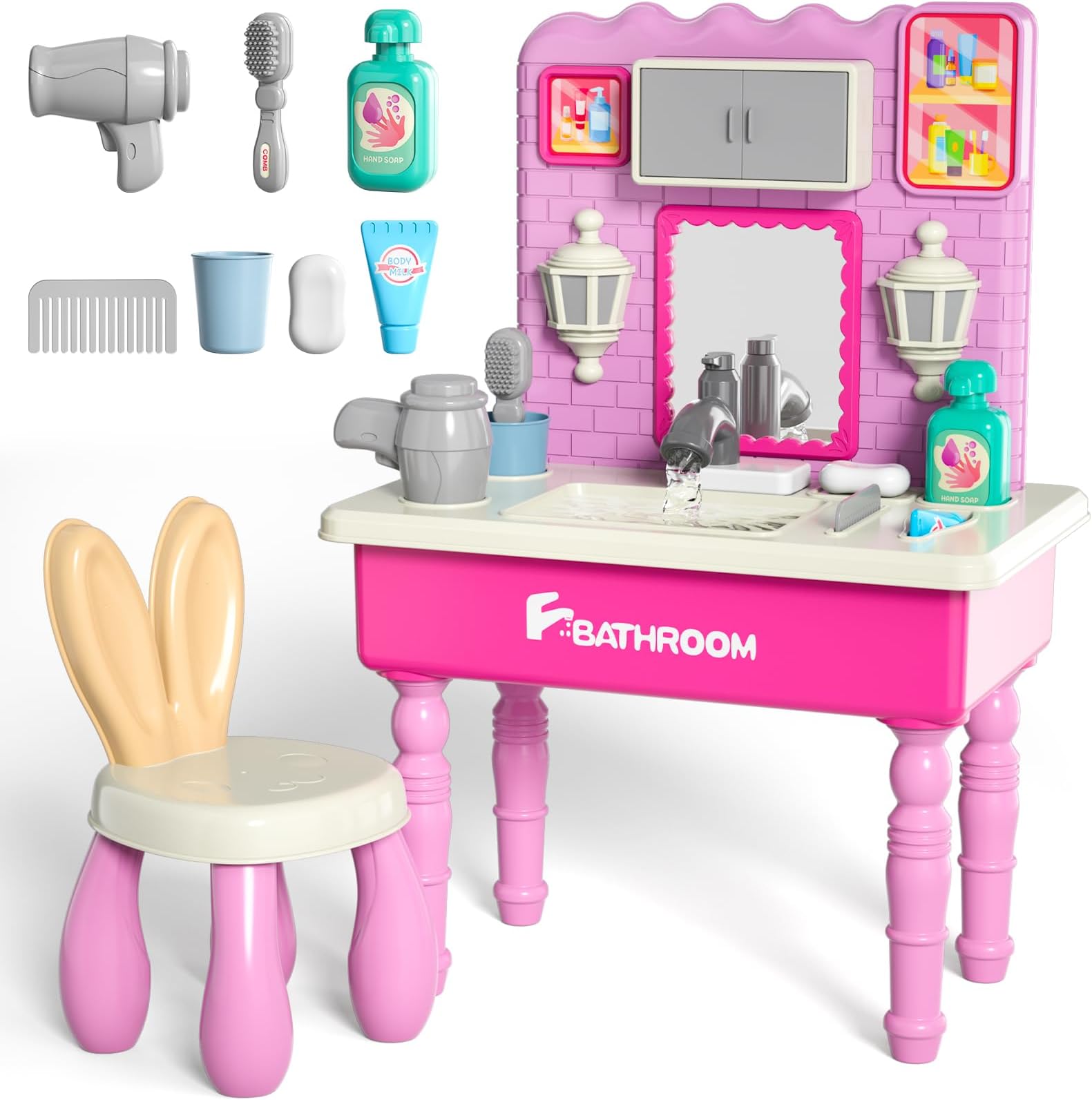 Lucky Doug Pretend Play Sink Toys for Kids, Bathroom Sink Toy with Running Water, Girls Vanity with Mirror and Stool for Kids Ages 3 4 5 6 7 Year olds