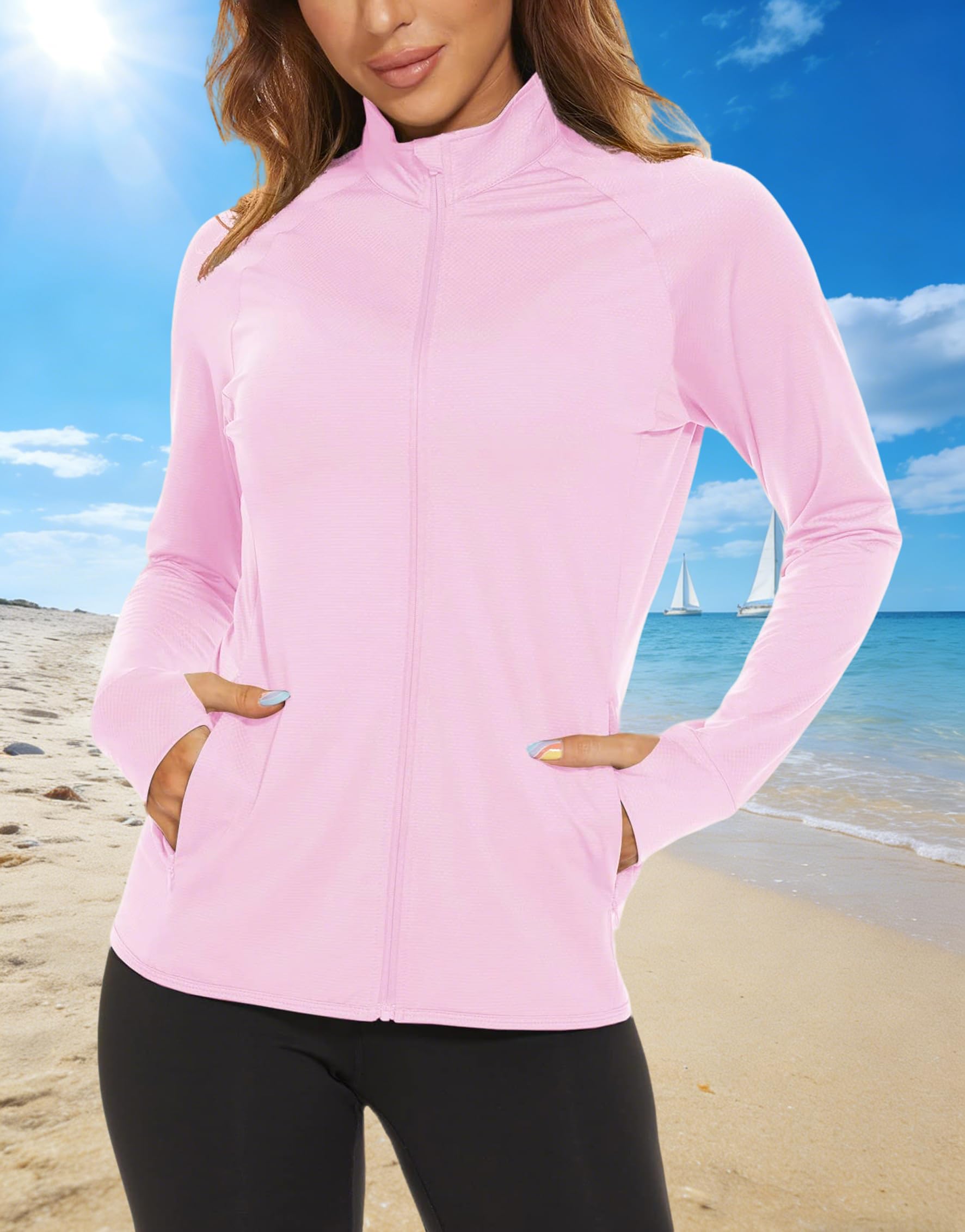 Chaqueta de protección solar UPF 50+ para mujer, ligera, con cremallera completa, sudadera con capucha y manga larga, camisas de entrenamiento para senderismo, correr — view 10