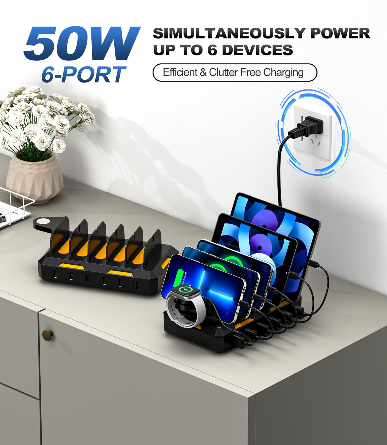 Charging Station for Multiple Devices, Honcila 6 in 1 Multi Charger Station Charging Dock for Cellphone Tablet iPhone iPad and More - 50W Charging Station Organizer with 6 Mixed Charging Cables