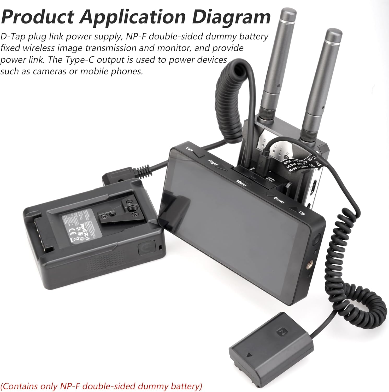 D-Tap Ptap to Double-Sided NP-F550/970/570/770 Dummy Battery Power Adapter (Cross Structure) for Field Monitor, Wireless Video Transmission, LED Light, Camera.