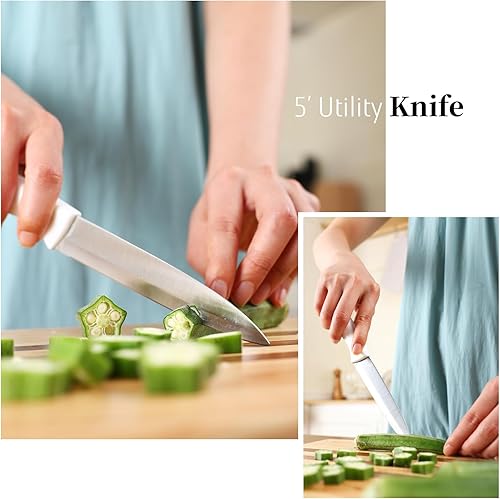 Miniatura 8 de Juego de cuchillos blancos con bloque, juego de 7 piezas de bloque de cuchillos pequeños con hoja de acero inoxidable mango ergonómico, juego de