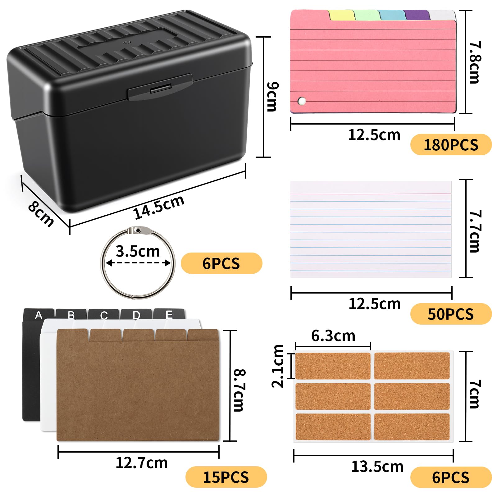 Kit Boîtes à Fiches Noir 230 Fiches Lignées Colorées 15 Registres 6 Anneaux