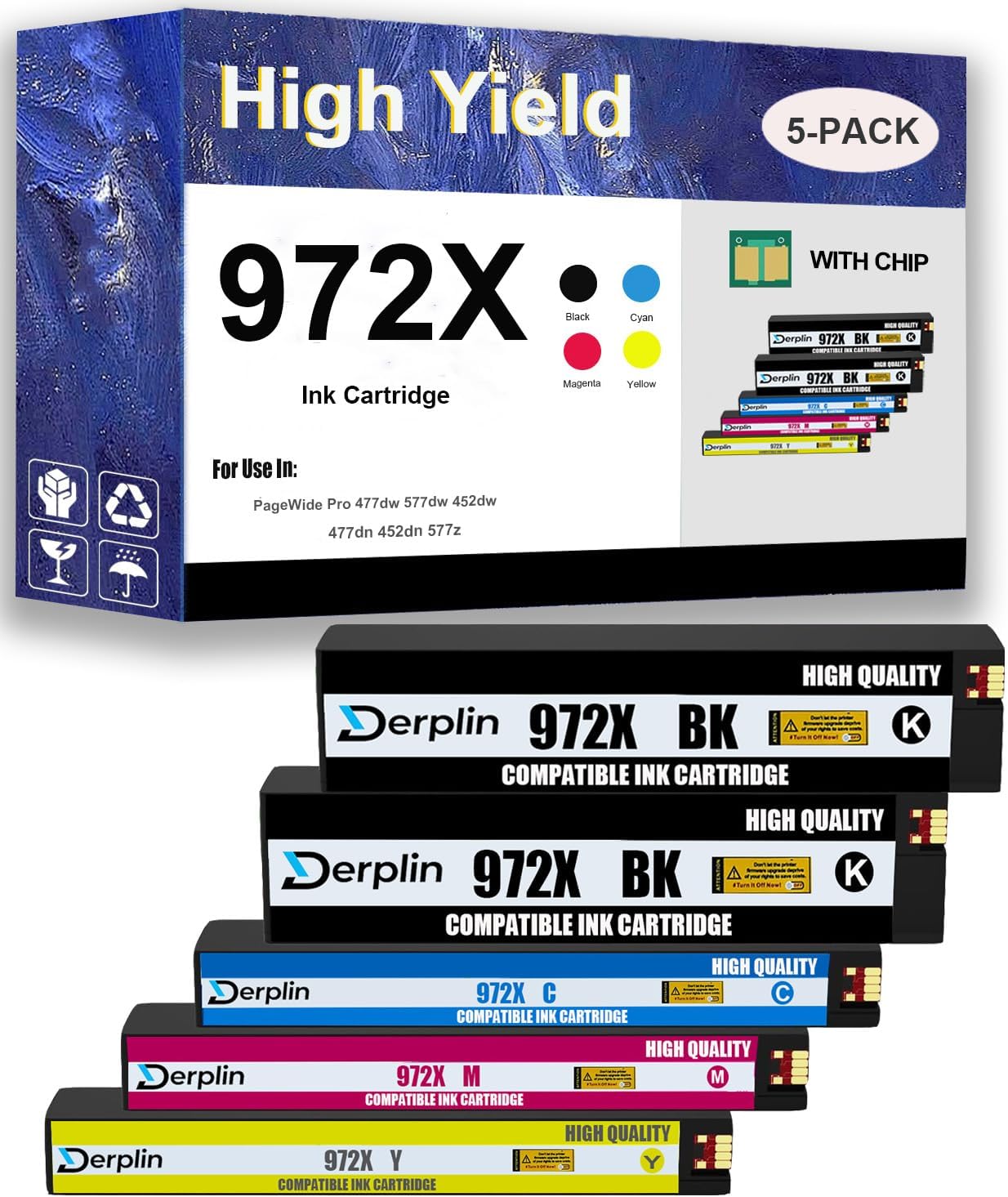 972X 972 High Yield Ink Cartridge Use for PageWide Managed P55250dw P57750dw PageWide MFP 377dw 477dn 477dw 577dw 577z PageWide Pro 452dn 452dw 552dw Printers (5 Pack)