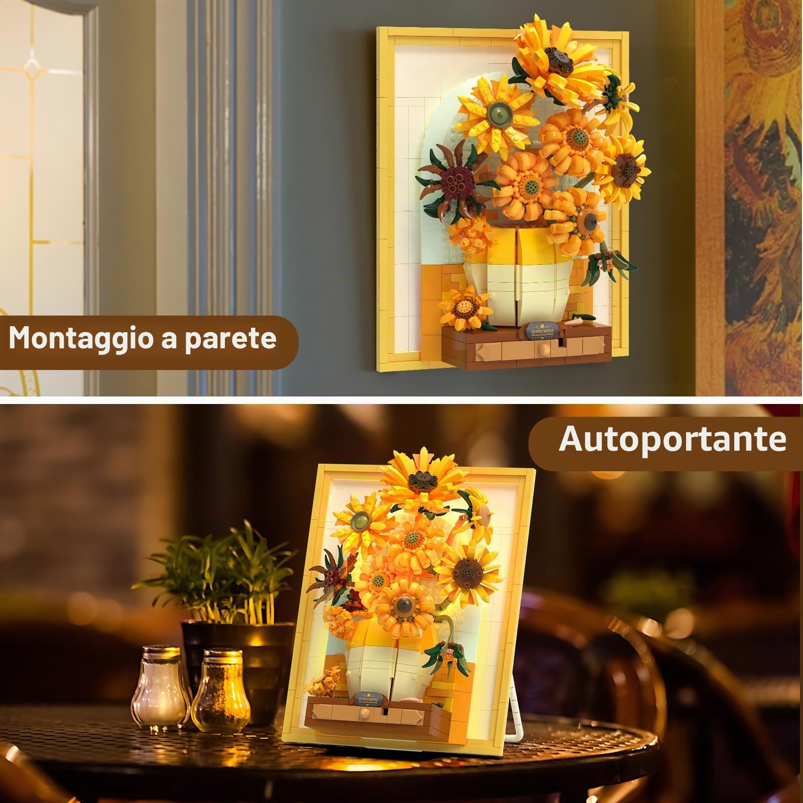 JMBricklayer Set da costruzione con girasole fiori per adulti con luci 70004, Van Gogh Wall Art Crafts Idee Bouquet di fiori, cornice per decorazione della stanza, idee regalo di compleanno per donne