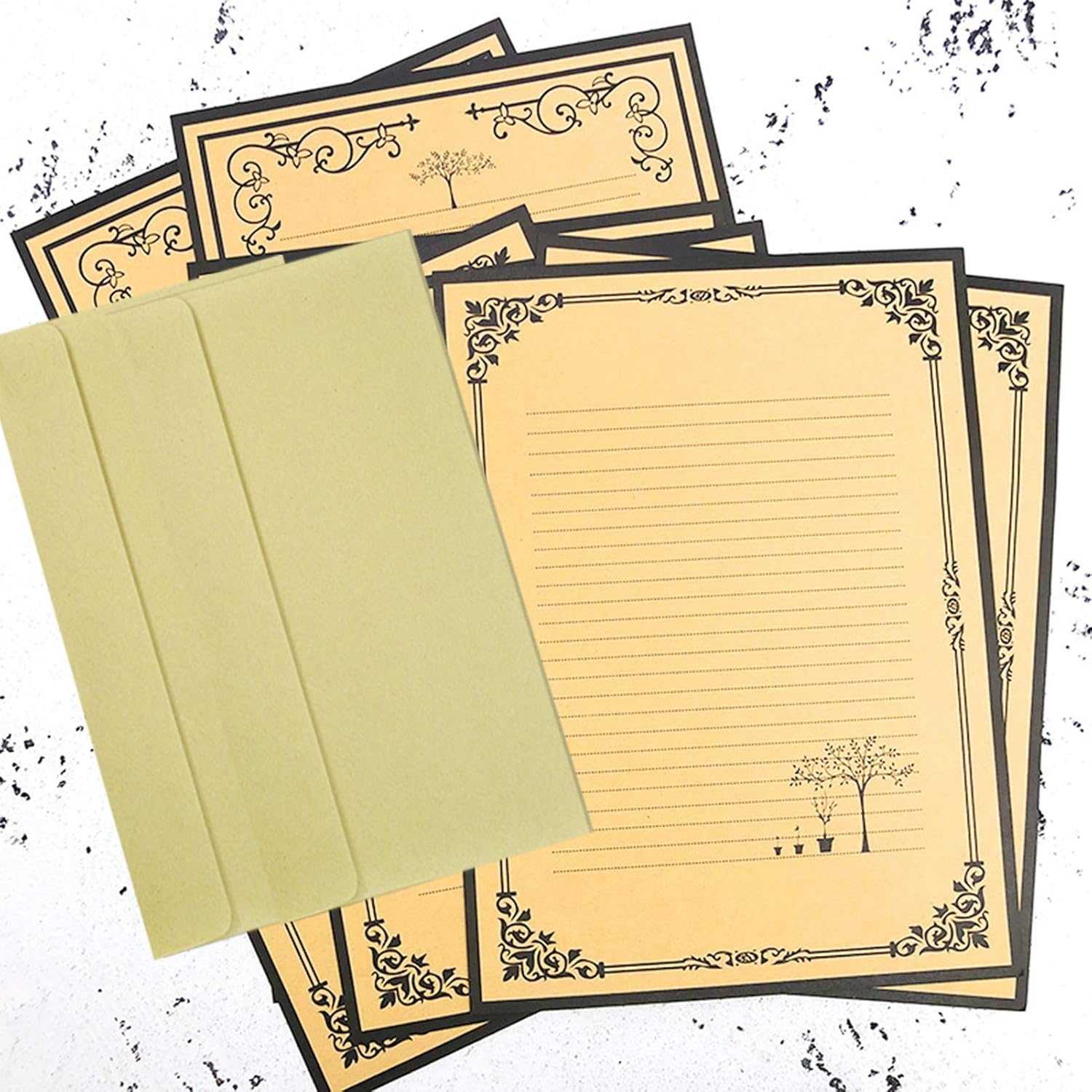 NUIBY Total 72PCS Writing Paper Letter Set - 48 Stationery Papers with Line + 24 Self-adhesive Envelopes - Classic Aged Paper Design : Office Products