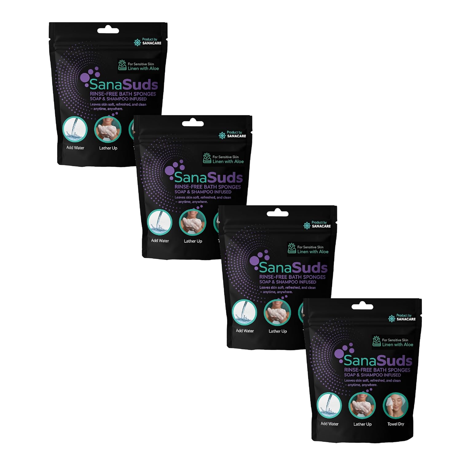 Rinse-Free Bath Sponges,Linen with Aloe – Soap & Shampoo Infused, No-Rinse Body Wipes for Sensitive Skin – Post-Surgery, Travel, Gym or Elder Care – 25ct Pack - 4 Pack