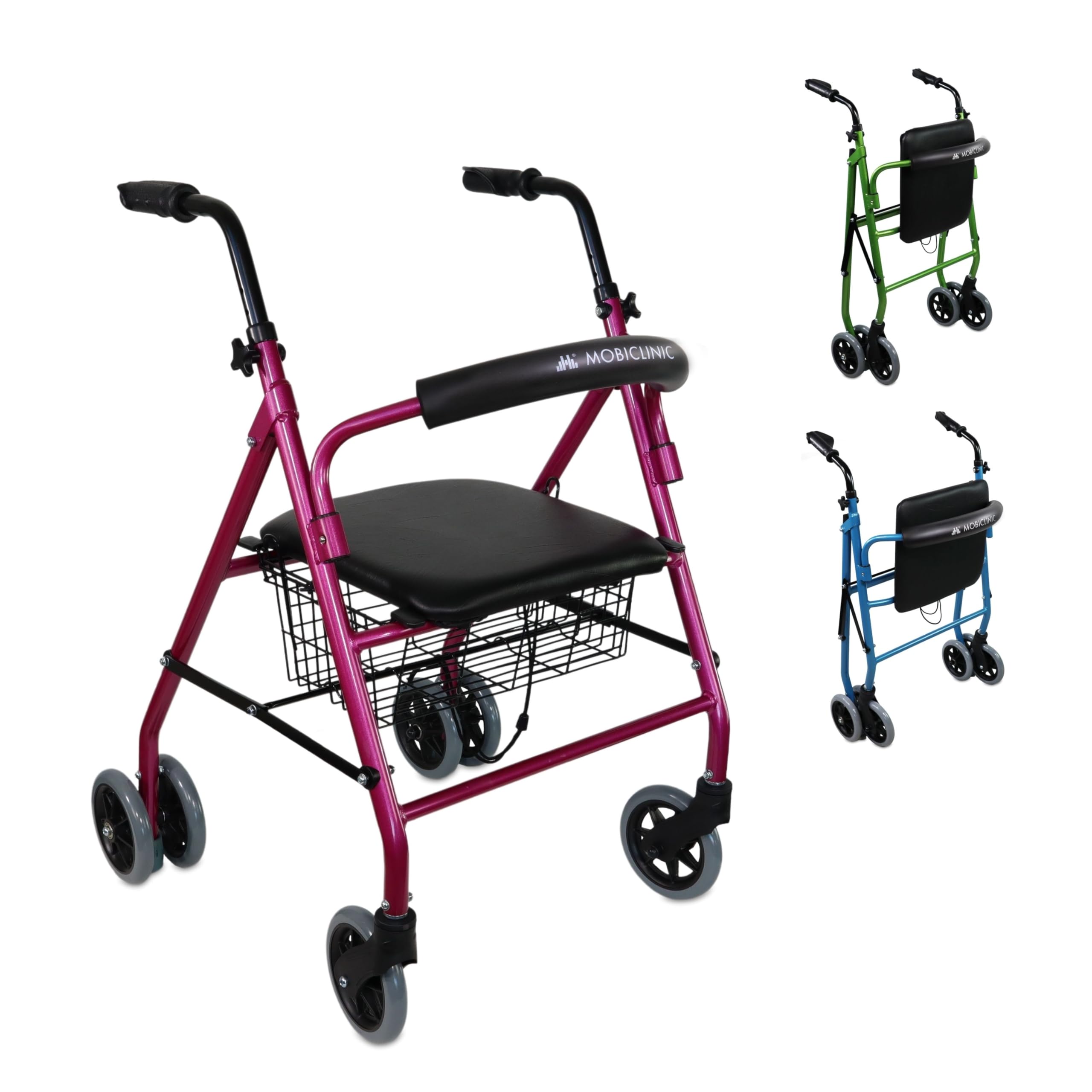 Mobiclinic®, Andador para ancianos, Modelo prado, Rollator, De aluminio, Ligero y plegable, Frenos por presión, Con asiento, Cesta 4 ruedas, Caminador mayores, Marca española, Color rosa