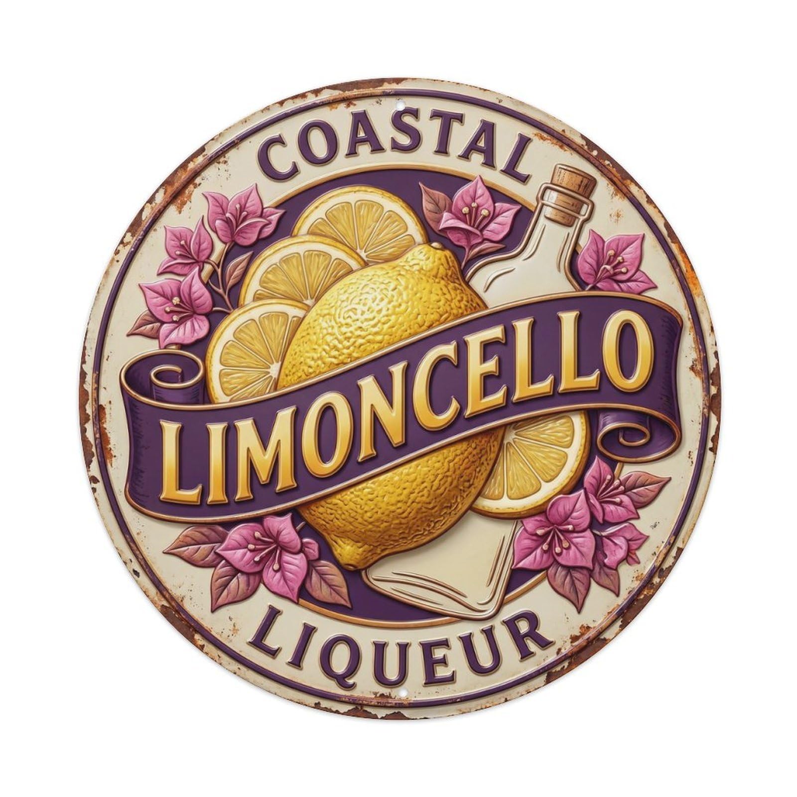Coastal Limoncello Liqueur Crest Metal Tin Sign Plaque Wall Decor for Cafe, Club, Garden Round Metal Poster 8x8Inch