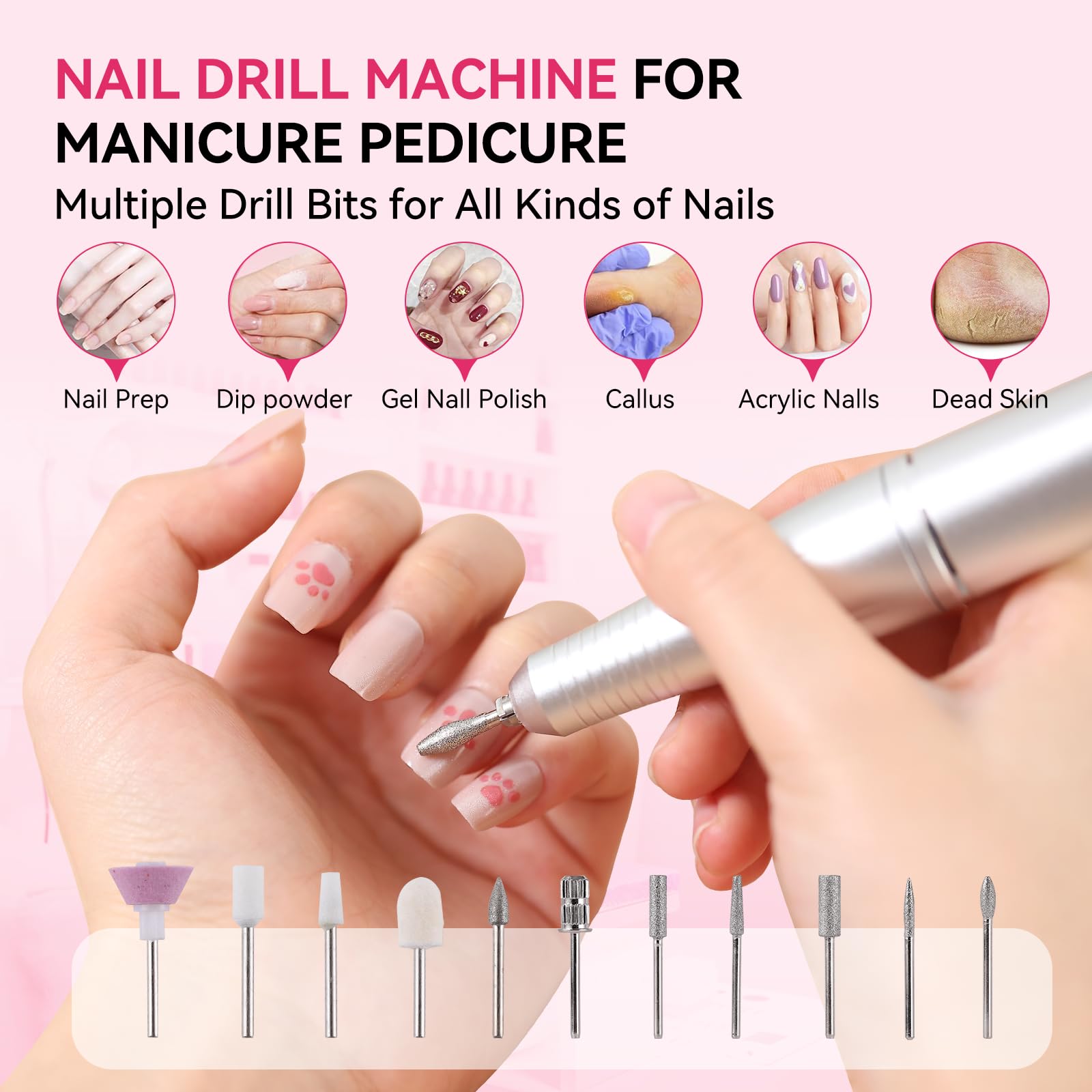 Perceuse à ongles électrique rechargeable portable 45 000 tr/min avec écran LCD intelligent pour manucure et pédicure Corps réfléchissant etc (grain)