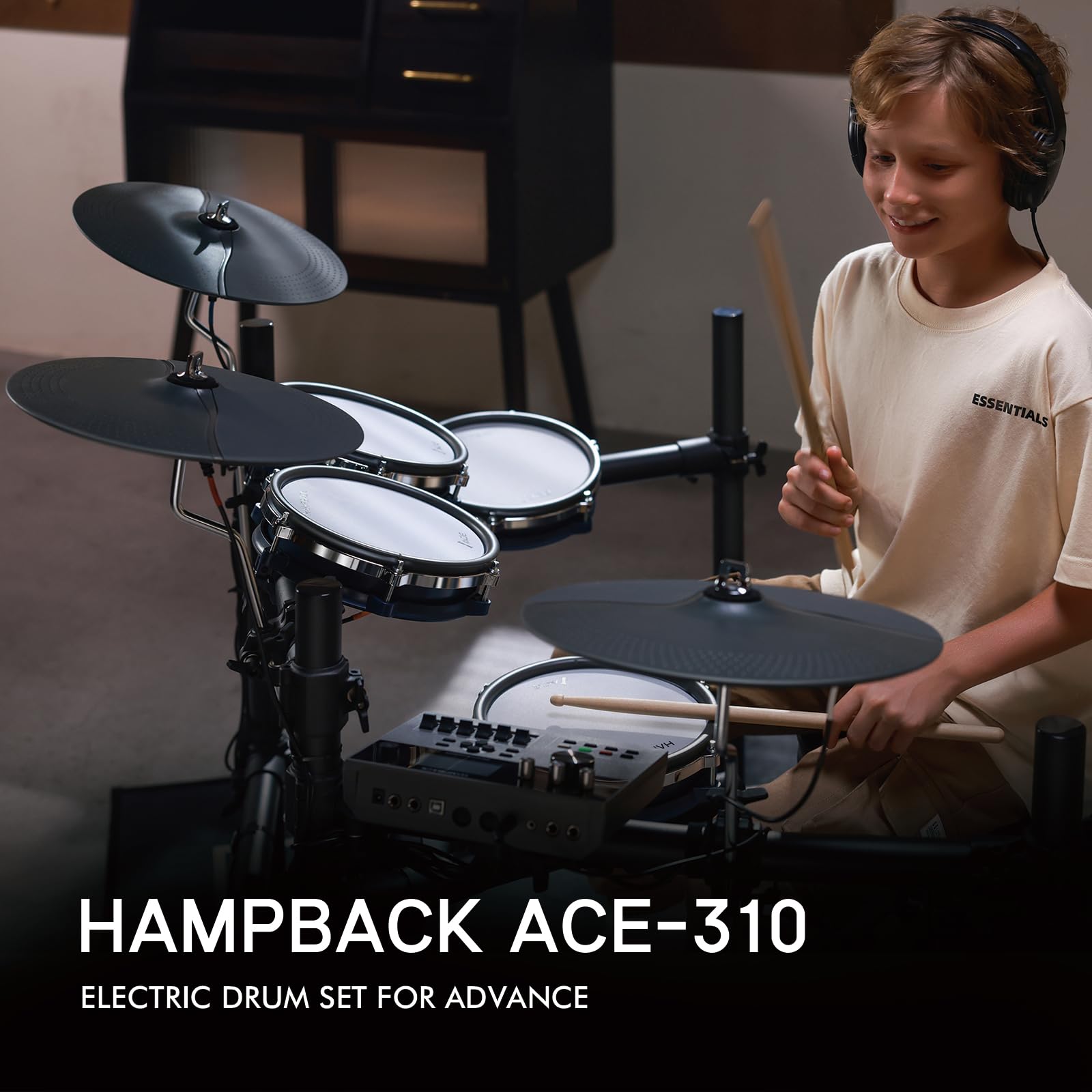 HAMPBACK ACE-310 Electric Drum Set with 8'' Drum Pads, 12'' Cymbals with Choke, 5