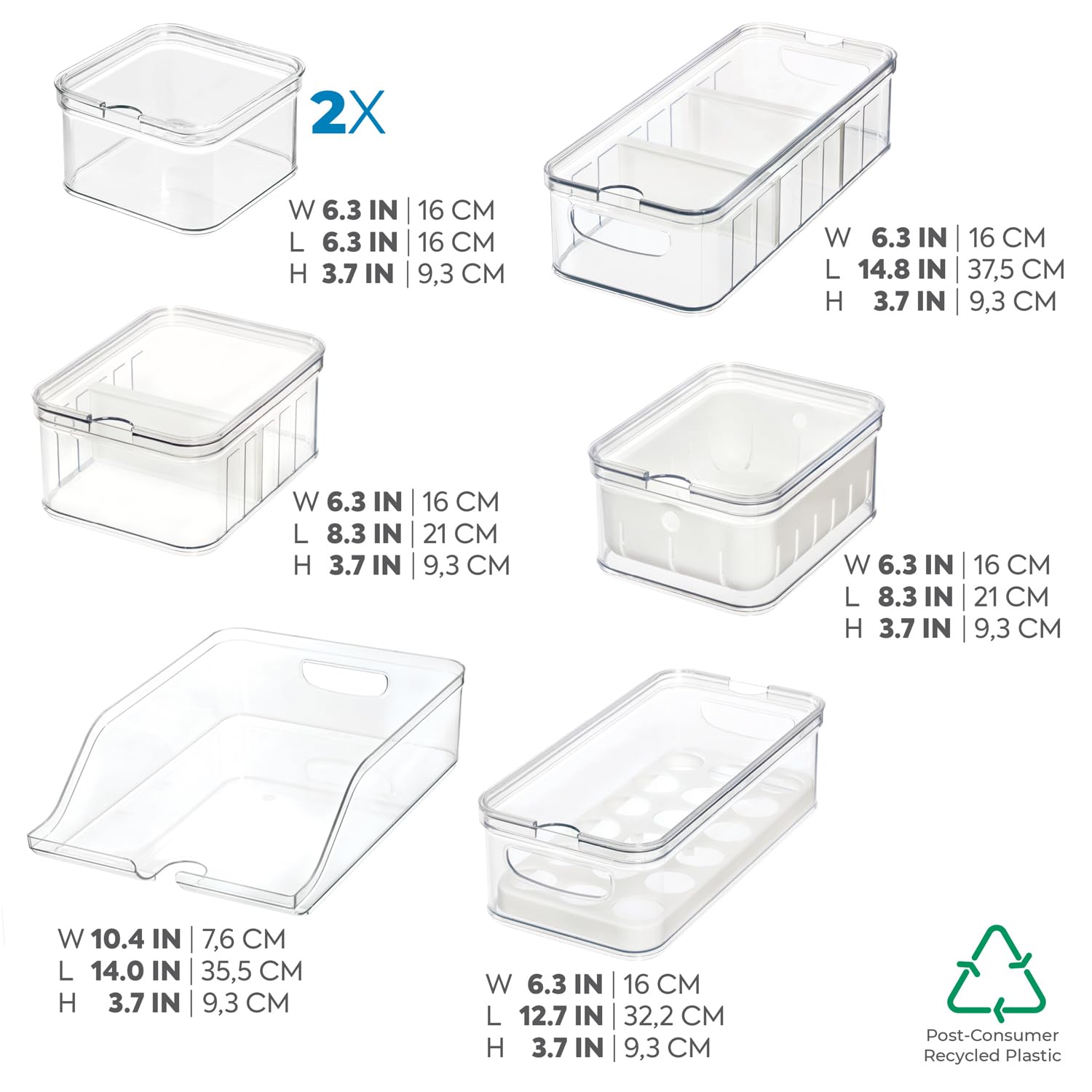 InterDesign iDesign Crisp - Set di 7 contenitori per frigorifero in plastica riciclata, con coperchio, trasparente/bianco