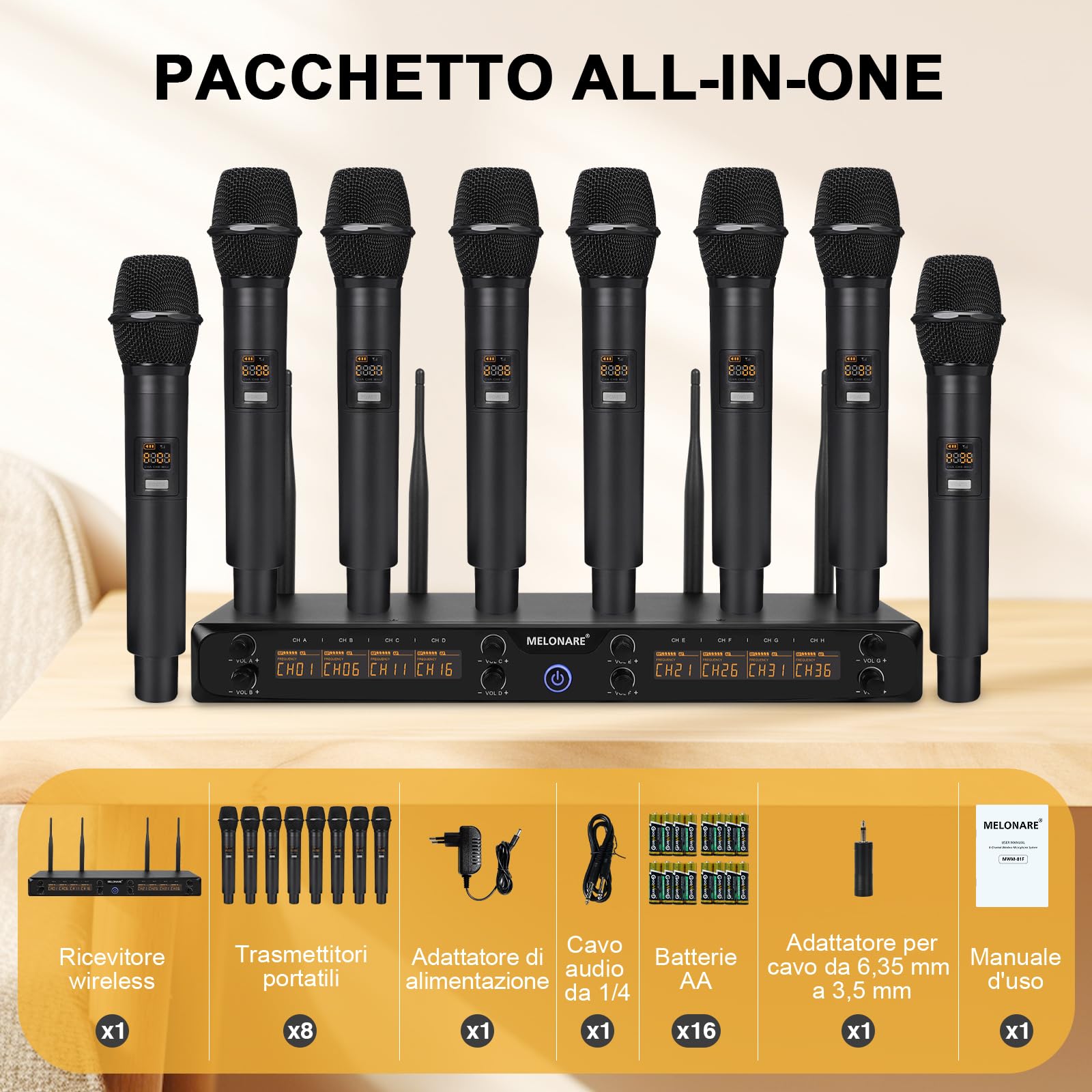 MELONARE Sistema di microfoni wireless UHF 500MHz a 8 canali MWM-81F | 8 x 5 frequenze, portata 73,2 m, microfoni dinamici a mano, canto, karaoke, chiesa, riunioni, matrimoni