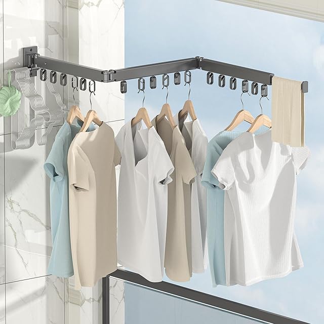 Tri Folding Clothes Drying Rack with Extended Arm 48'' Long,Laundry Drying Rack,Wall Mounted Drying Racks for Laundry with Ring Type Hooks Heavy Duty, for Balcony,Laundry,Bathroom, Gray