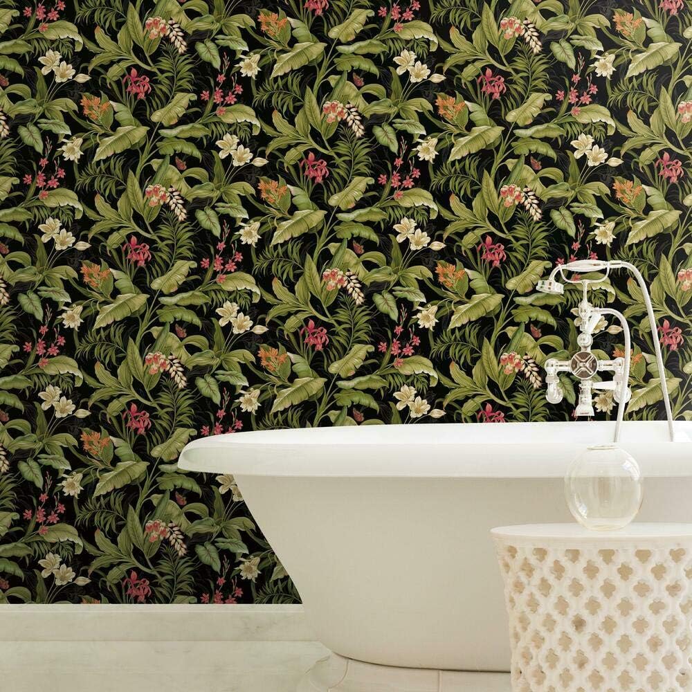 RoomMates Waverly RMK11894RL Wailea Coast Peel and Stick Wallpaper (18 in x 18.86 ft) – Easy Application, No Sticky Residue – Black and Green