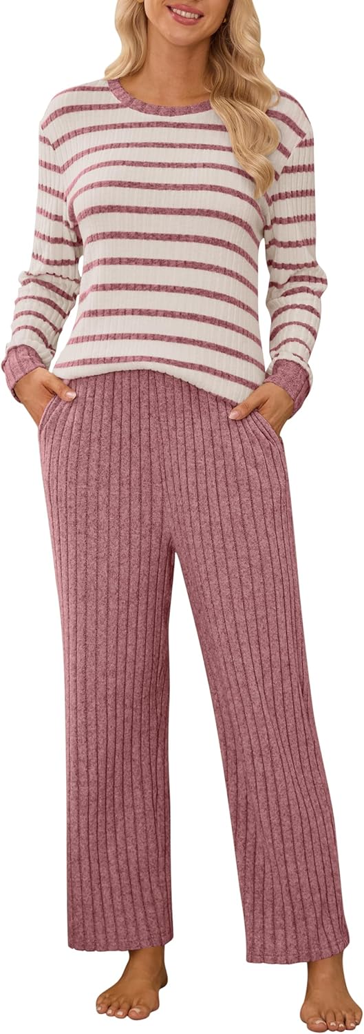 Blooming Jelly Womens Pajamas 2 Piece Satin Matching Lounge Sets Cute Long Sleeve Striped Pants Pjs with Pocket