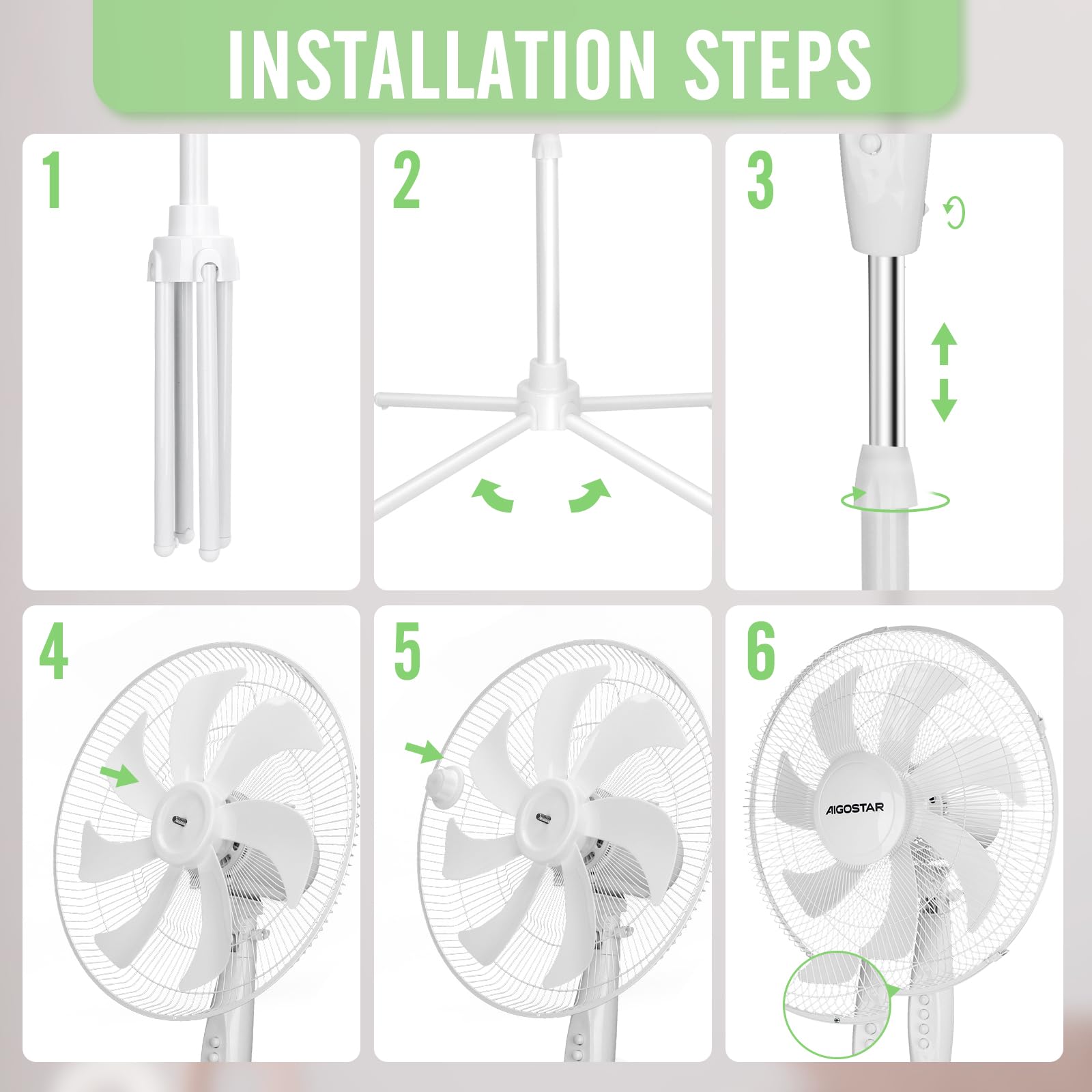 Aigostar Erika - Ventilatore a Piantana Silenzioso 55W,Bianco | Fan con 7 pale, diametro 41 cm, 3 velocità, oscillazione, altezza regolabile 108-130 cm