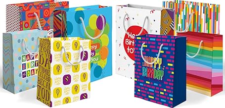 easykart labels 8 Pack Birthday Gift Bags Assorted (8 Bags: 4 Medium 9", 4 Large 12") with Rope Handle, Laminated Reusable and Perfect For Wrapping Present