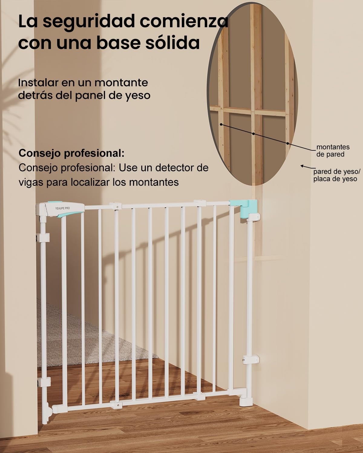 YEAUPE PRO Barrera de Seguridad Escalera Extensible de Metal, 75-110 CM, para Taladrar, Valla de Seguridad Infantil, Barrera de Escalera para Bebés y Niños Pequeños, Puerta de Seguridad, Blanco