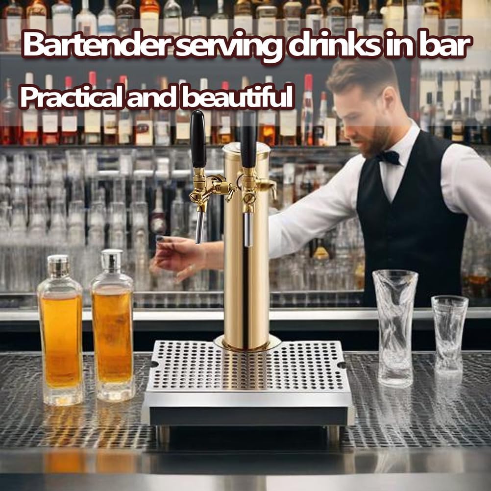 Kegerator Tower, Stainless Steel Beer Tower, Faucet Draft Beer Tower for Home Brewing, Gold, Single Faucet/Double Faucet/ 3 Faucets,2 faucets+drip Tray