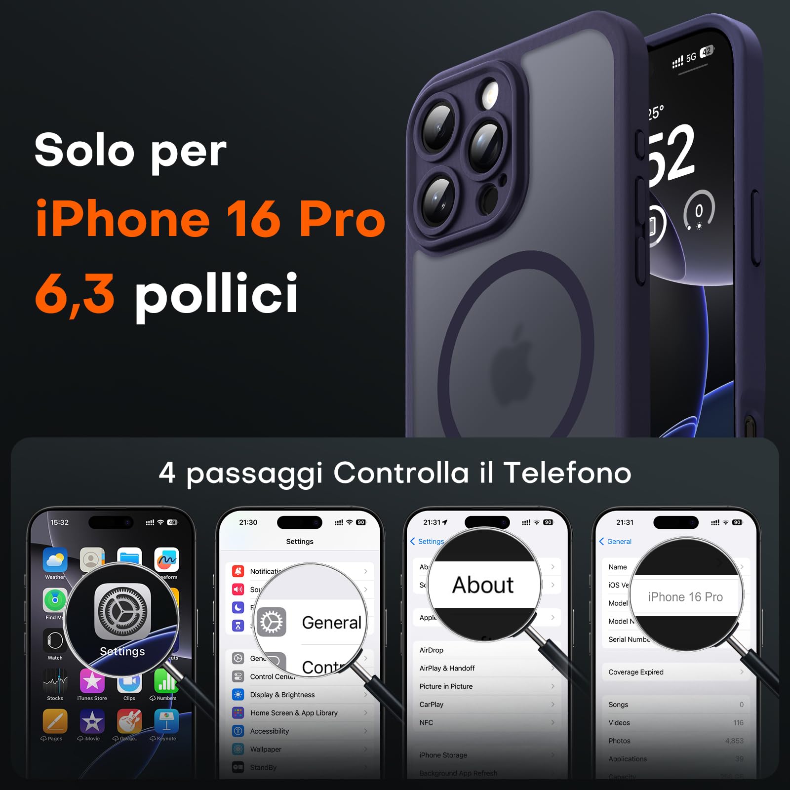 TOCOL Cover Magnetica per iPhone 16 Pro 6,3 Pollic, Compatibile con MagSafe, Protezione Fotocamera Integrata, Custodia Antiurto Traslucida Opaca, Viola Intenso