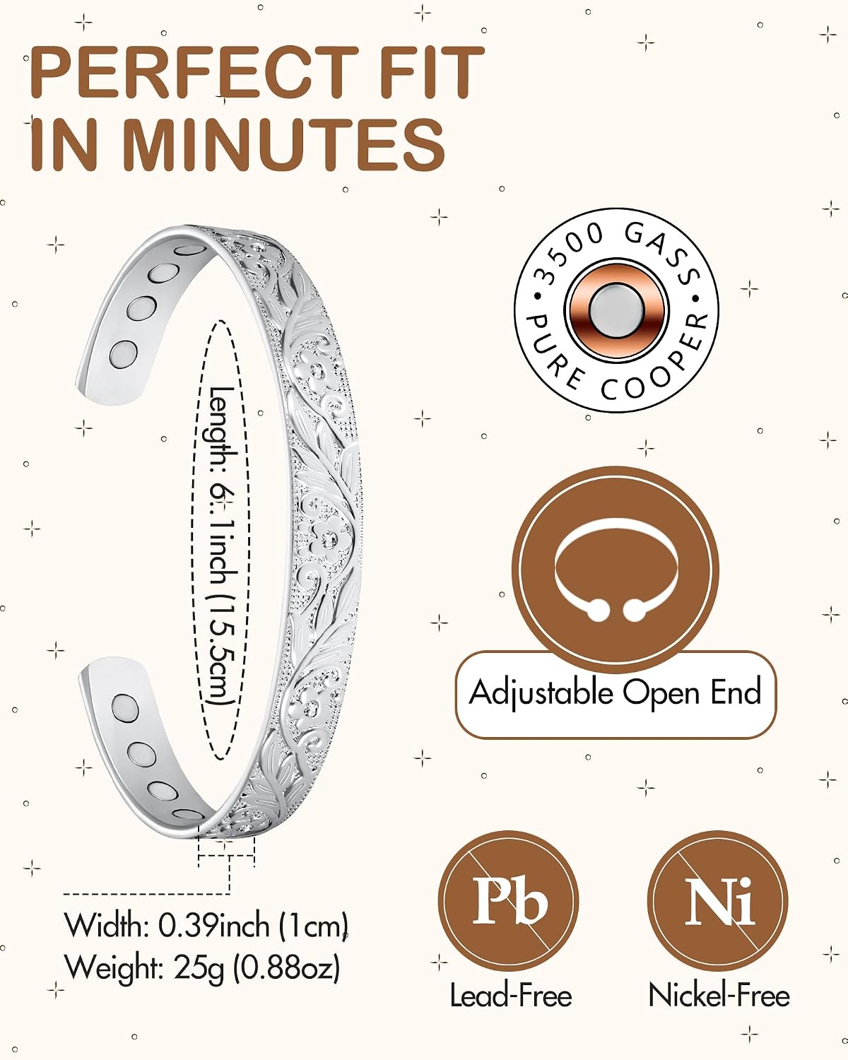 Feraco Copper Bracelet for Women, 12X Ultra Strength Magnetic Bracelets, 99.99% Pure Copper Cuff Bangle with 3500 Gauss Neodymium Magnets & Sparkling Cubic Zirconia, Silver