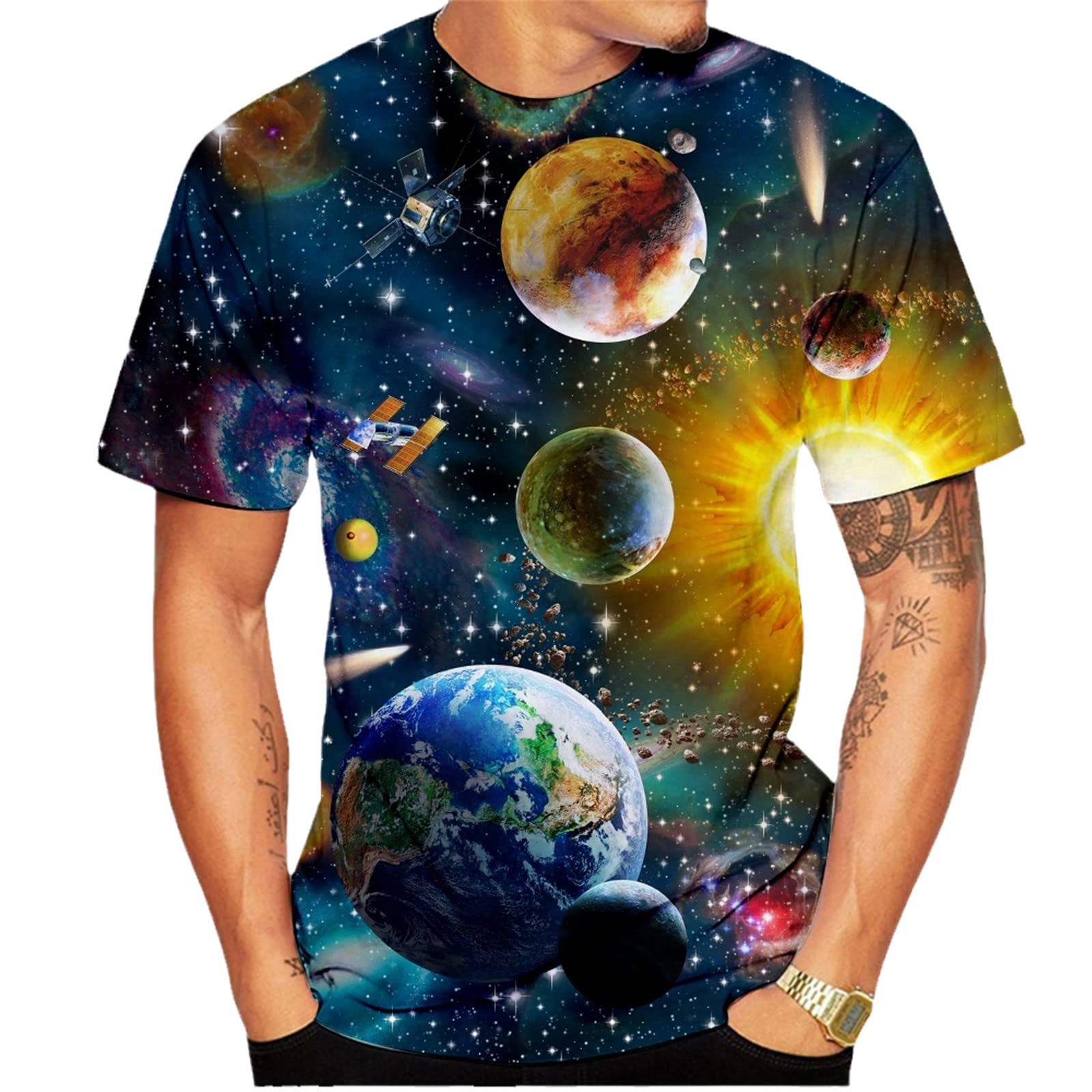 JLDJWSJD Unisex Realistic 3D Colorful Print Graphic Galaxy Pullover Shirt Silver M