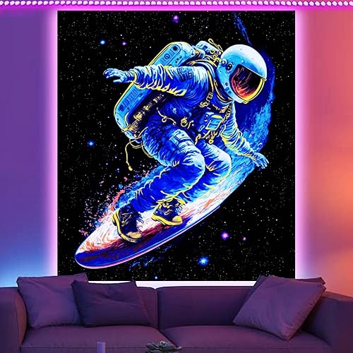 Tapiz decorativo de pared de astronauta con luz negra para hombres, chicos, adolescentes, niños, decoración de habitación, tapiz de póster del