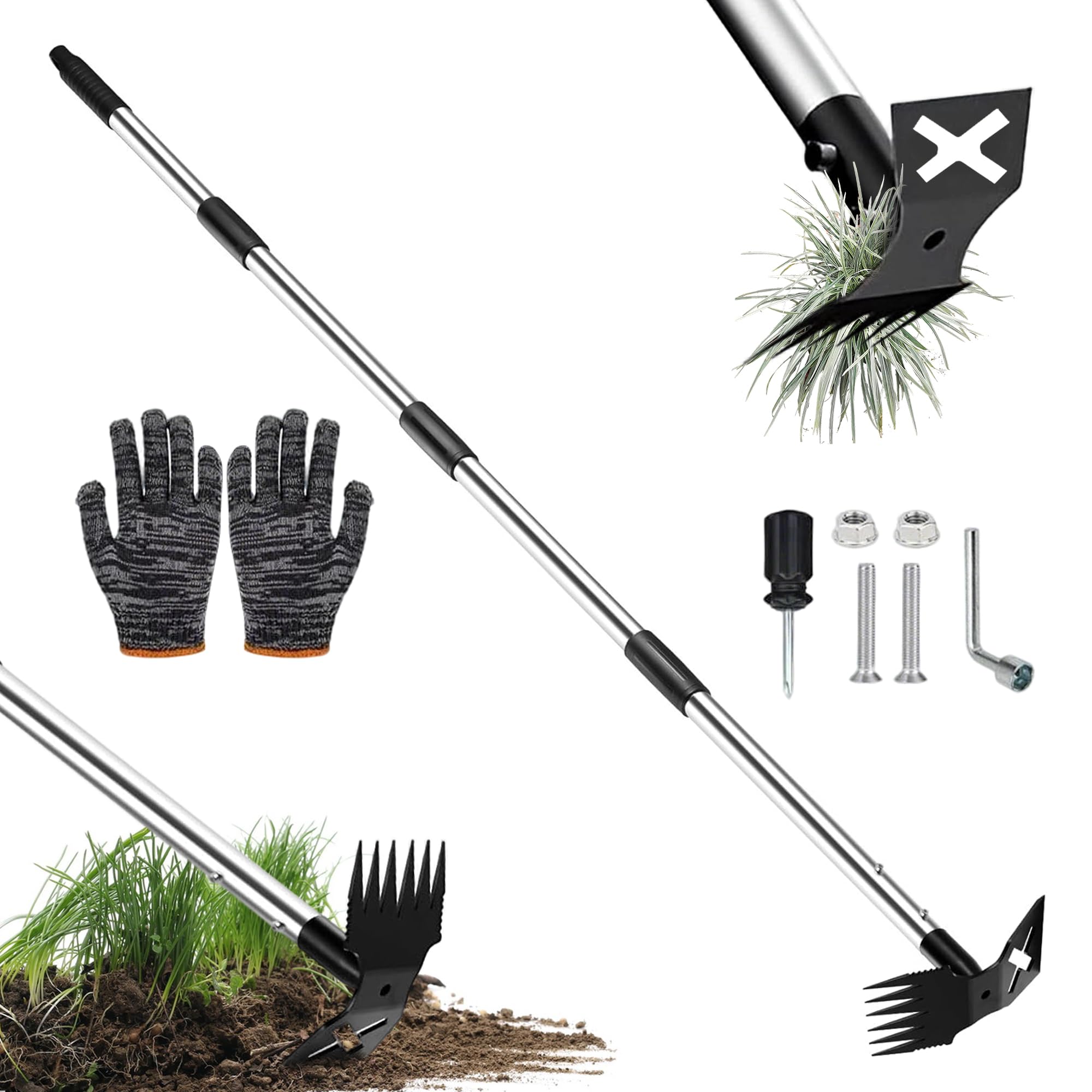 Manyugo Weed Puller Tool with Long Handle 150cm Garden Yard Lawn Patio Weed Remover Tool 6 Tooth Garden Hoe Weeding Rake 2 in 1 Manual Heavy Duty Garden Tools for Gardening
