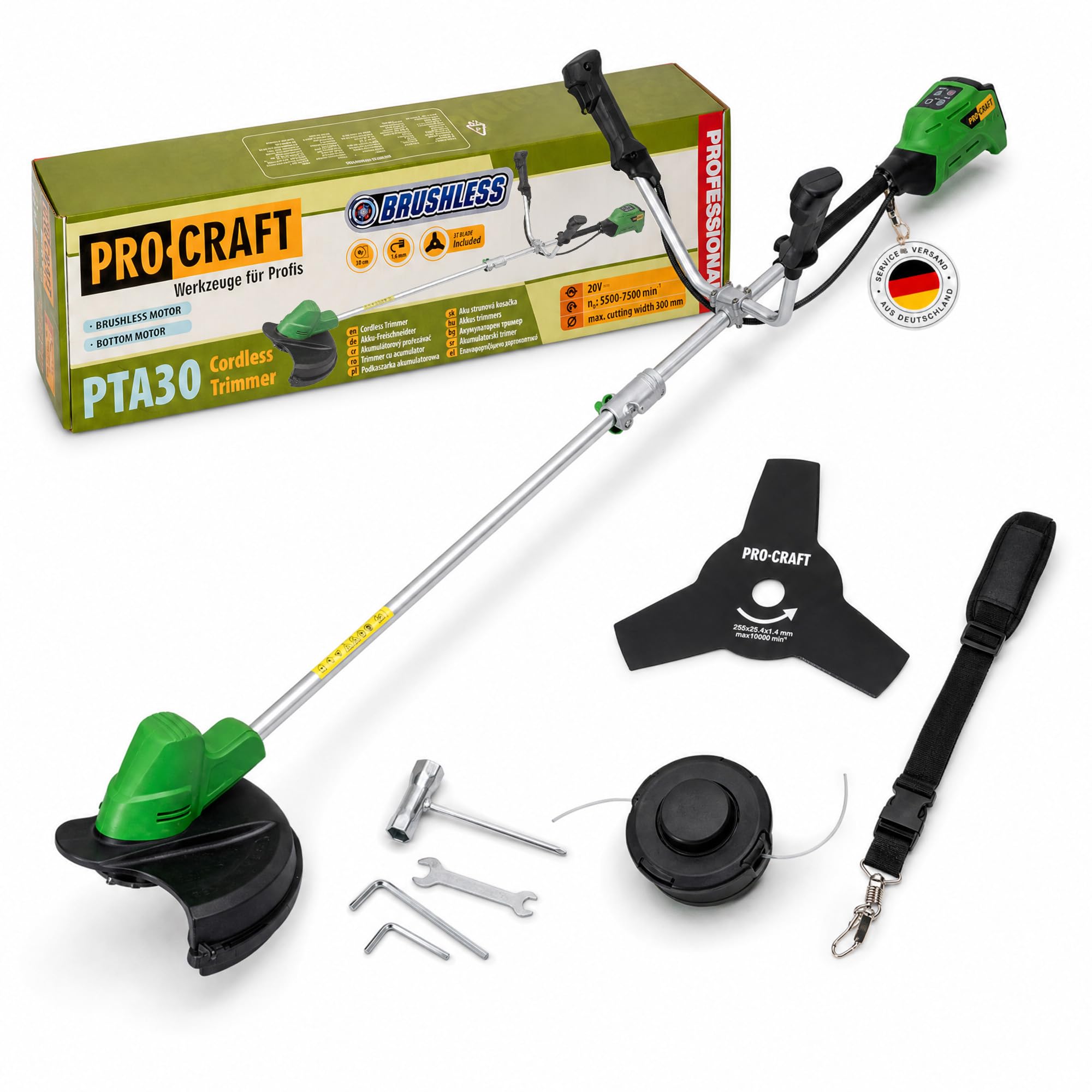Procraft PTA30 - Decespugliatore a batteria, 20 V, 300 mm, Brushless Solo, senza batteria, senza caricatore