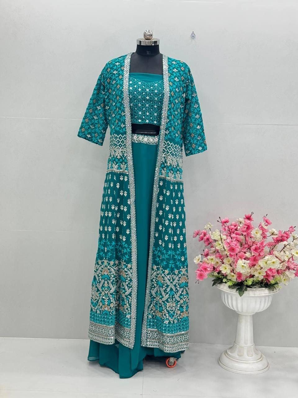 Teal Green Embroidered Jacket Lehenga Set with Long Coat, Traditional Indian Ethnic Wear,