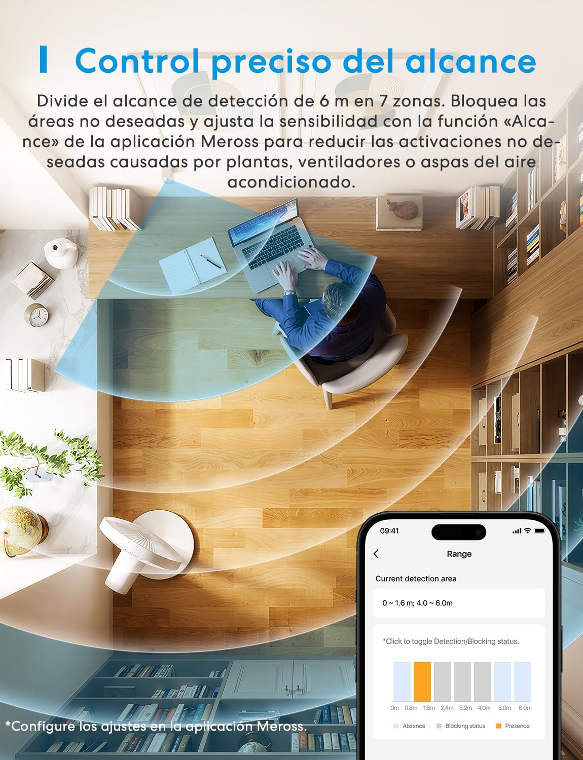 Meross Detector de Presencia Matter Over Thread, Sensor de Movimiento y Presencia con Radar mmWave + PIR + Luz, Detección de 3 Zonas, Compatible con Home Assistant, HomeKit, Alexa y Google Home