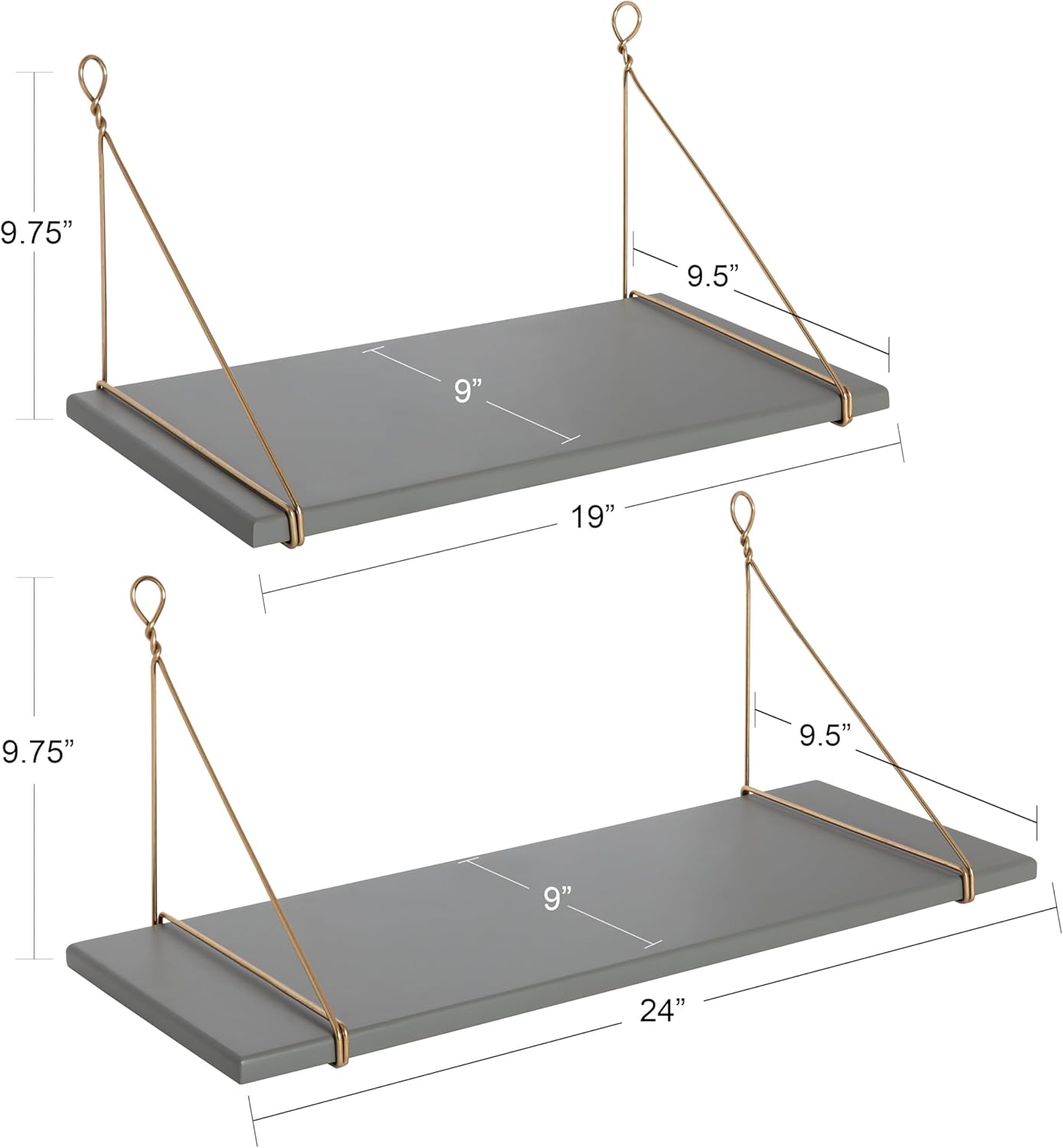 Kate and Laurel Vista Wood and Metal Wall Shelves, 2 Piece Set, Gray and Gold
