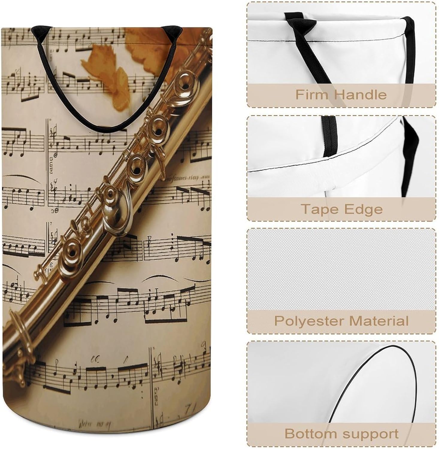 Flute Music Laundry Hamper with Handles Waterproof Collapsible Laundry Basket Large Lightweight Round Dirty Clothes Hamper for Home Dorm Bathroom Decor